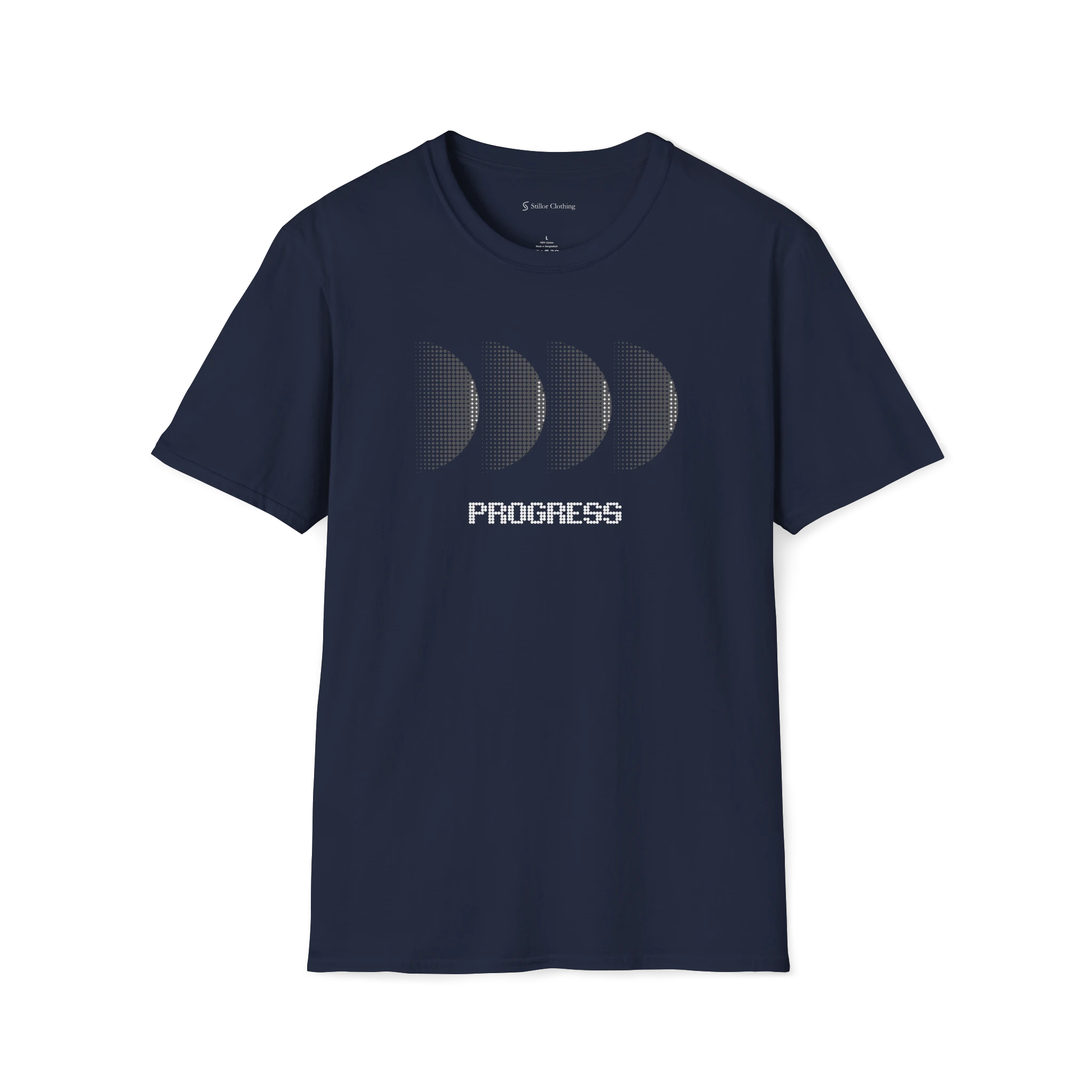 Navy Blue Progress T-Shirt, front view with black halftone moon phase graphic and progress text