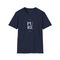 Navy Blue Pure T-shirt, front view with minimalist stacked PURE typography print