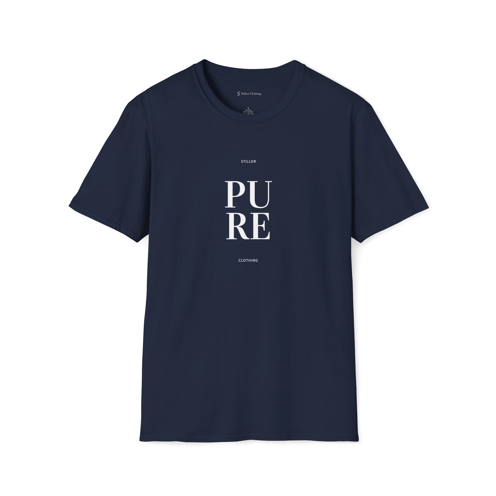 Navy Blue Pure T-shirt, front view with minimalist stacked PURE typography print