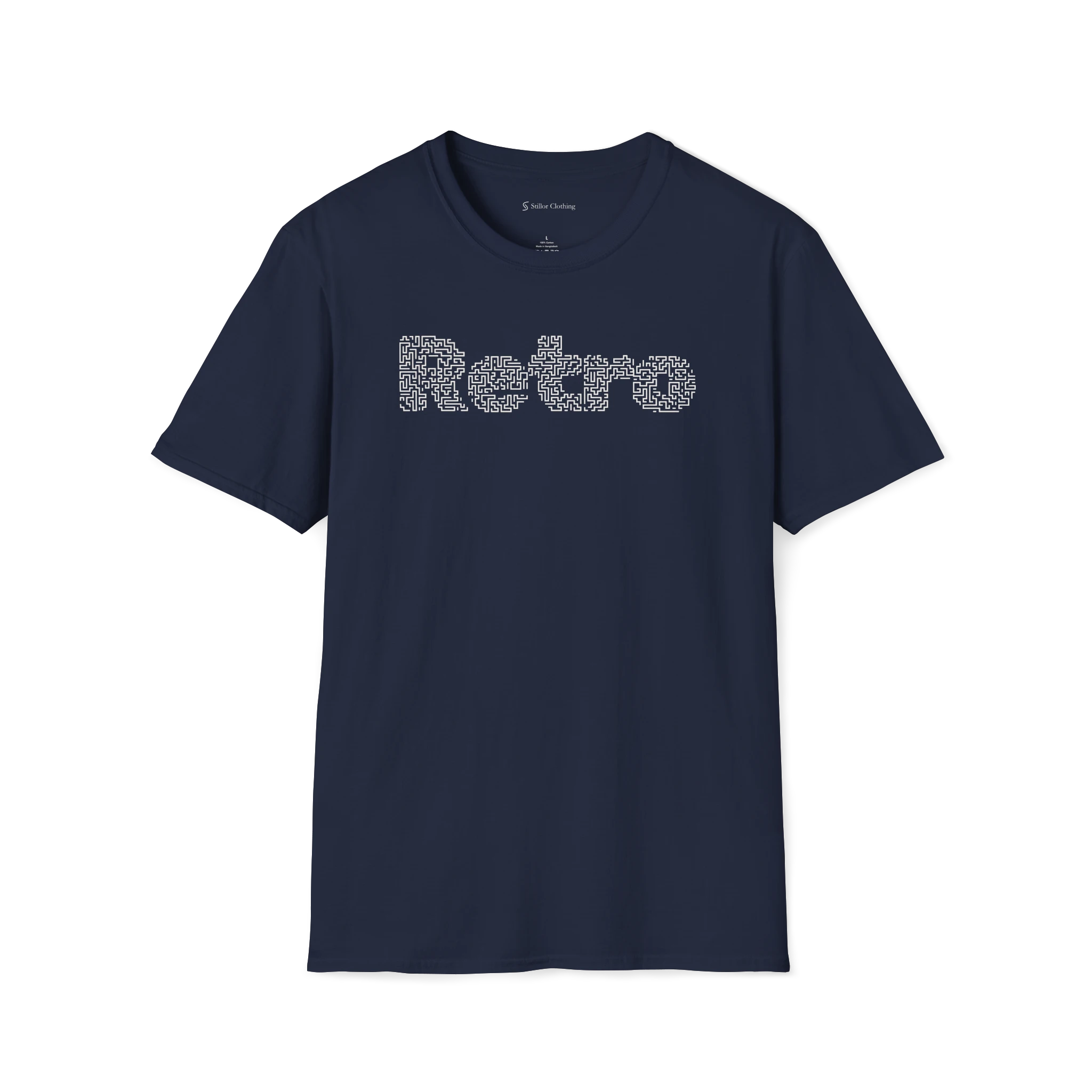 Navy Blue Retro T-Shirt, front view with white maze-style retro text graphic across the chest.