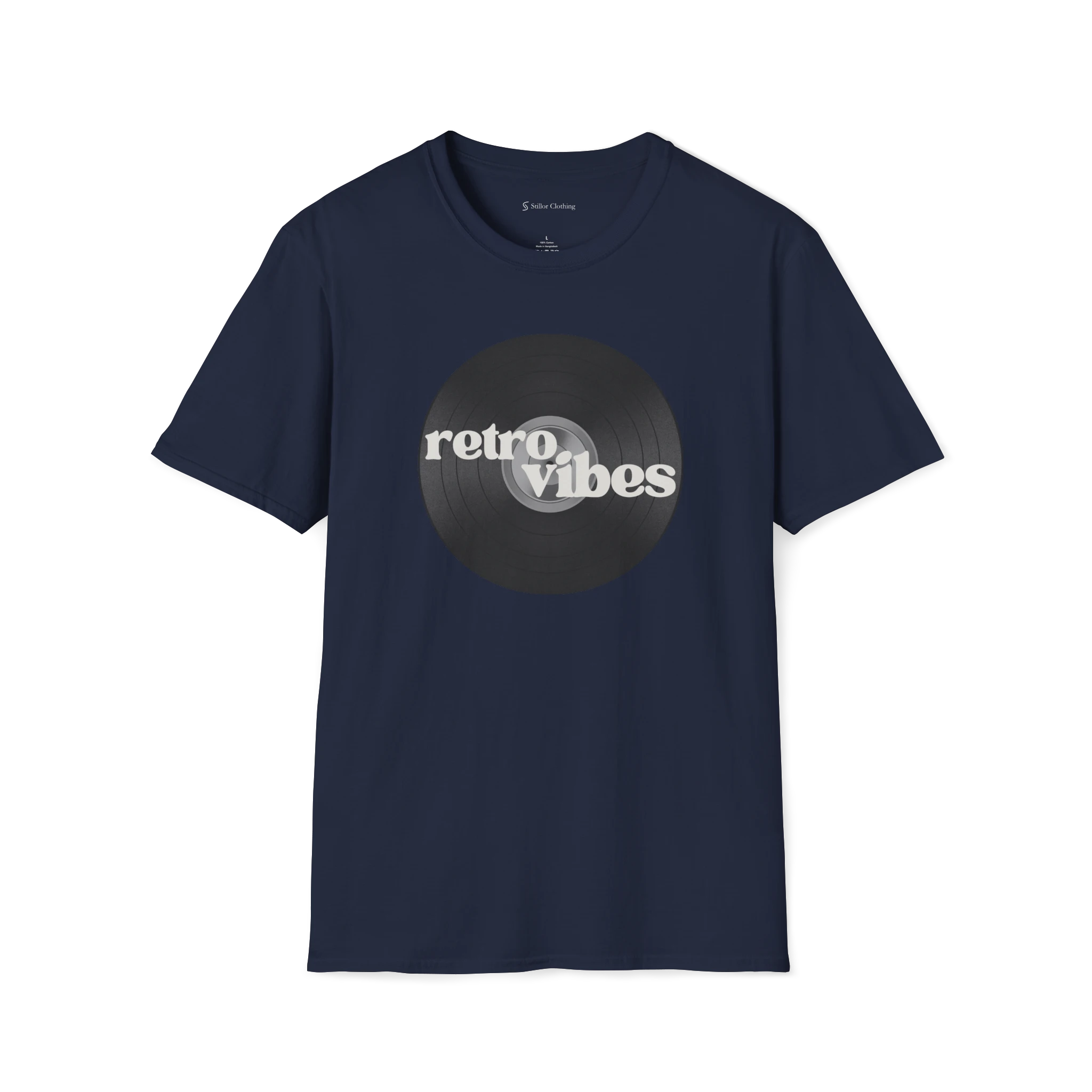 Navy Blue Retro Vibes t-shirt, front view with black vinyl record graphic and bold retro lettering