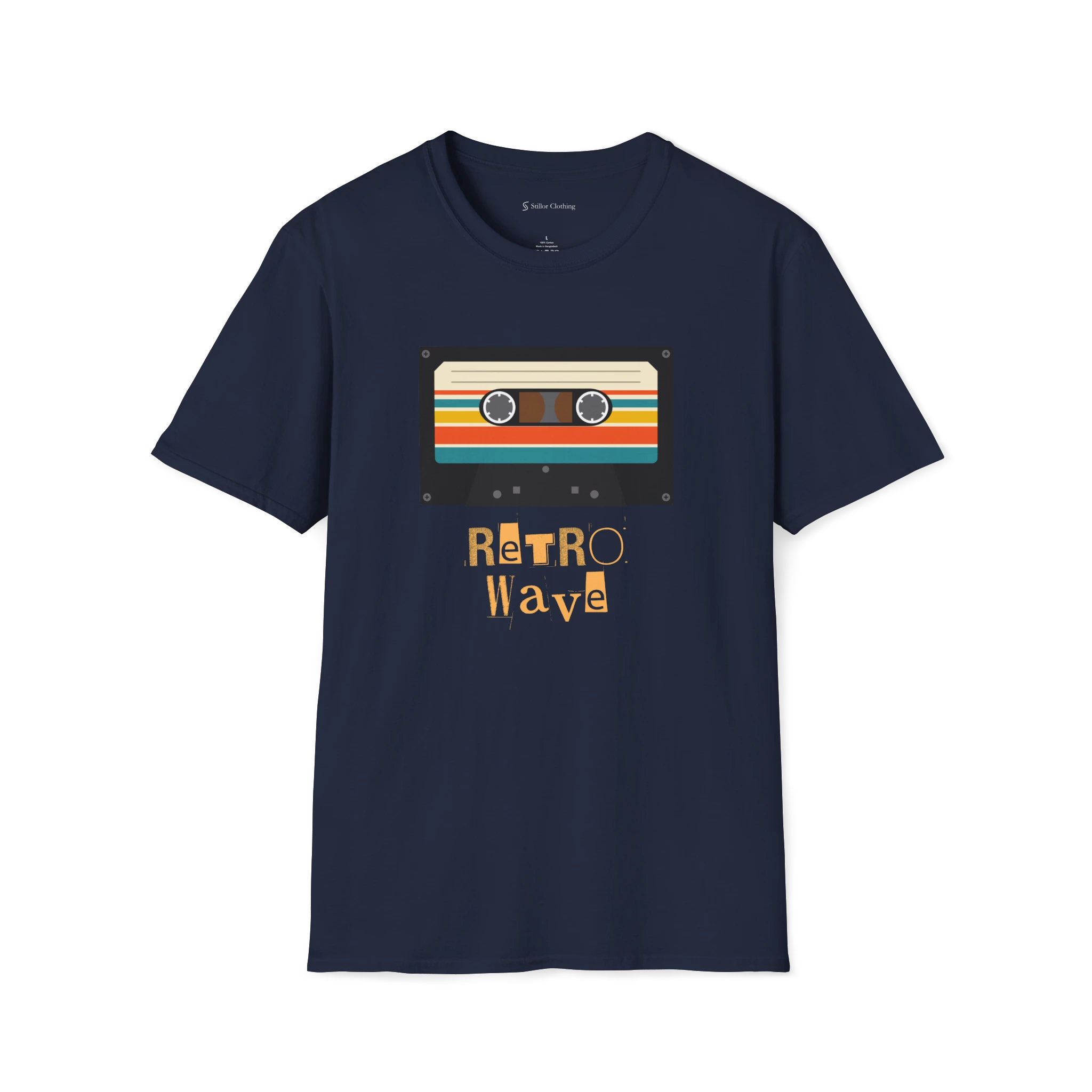 Navy Blue Retro Wave T-Shirt, front view with cassette tape graphic and orange retro lettering.