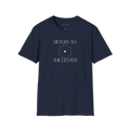 Navy Blue Return To The Center t-shirt, front view with white circular center graphic and text
