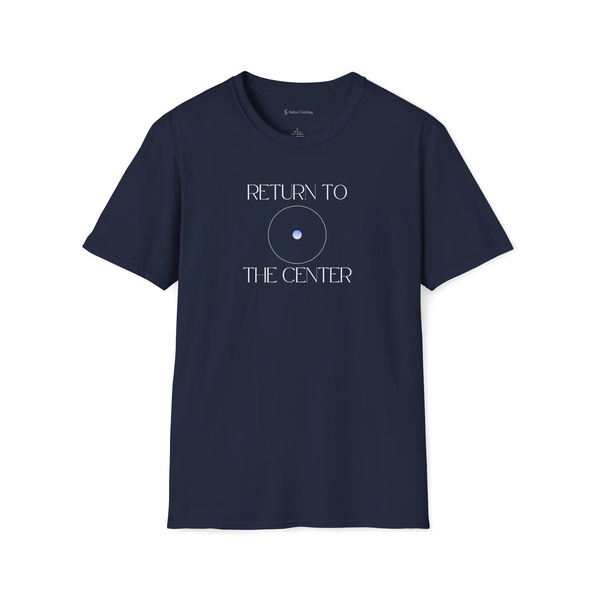 Navy Blue Return To The Center t-shirt, front view with white circular center graphic and text