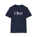Navy Blue Rise t-shirt, front view with white minimalist typography design