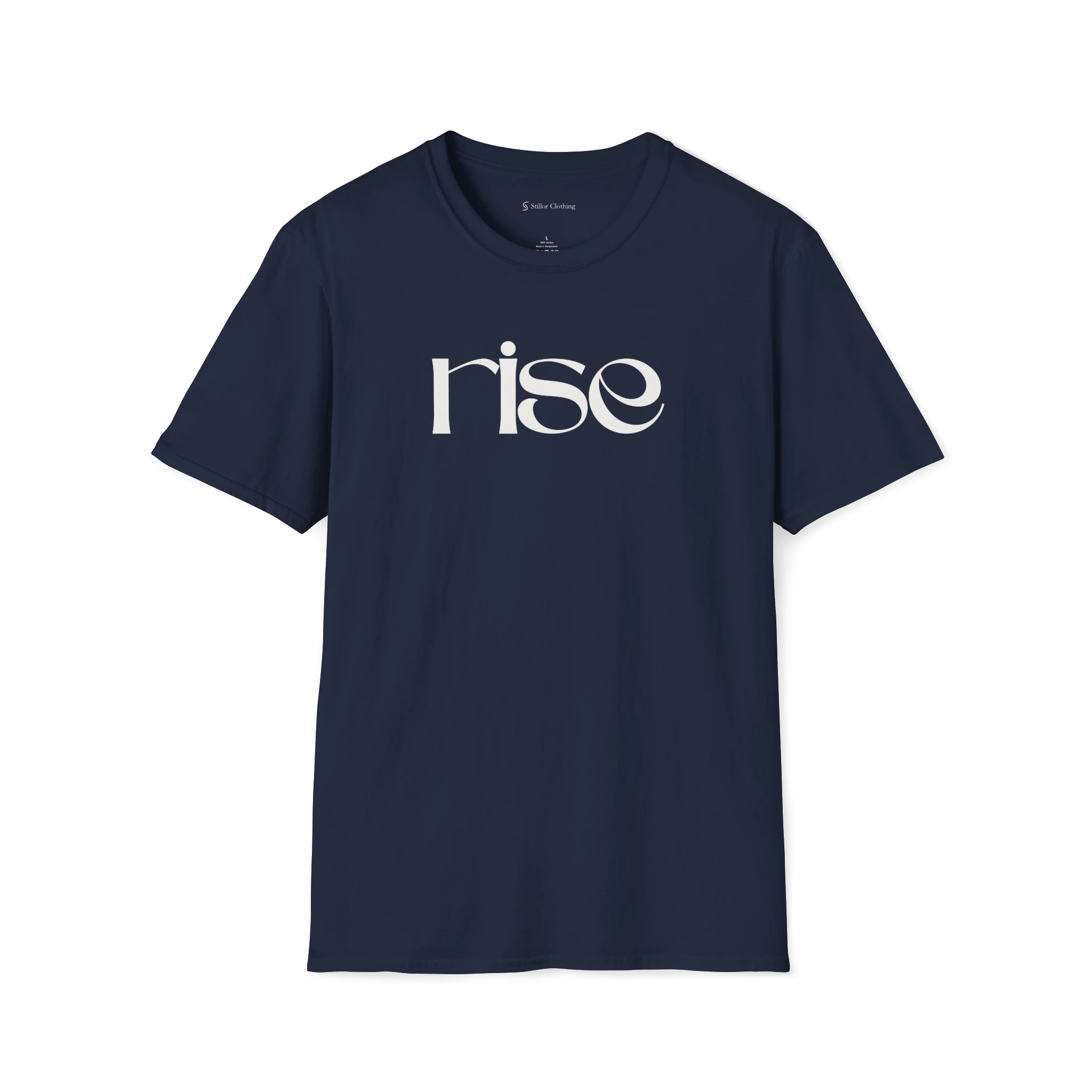 Navy Blue Rise t-shirt, front view with white minimalist typography design