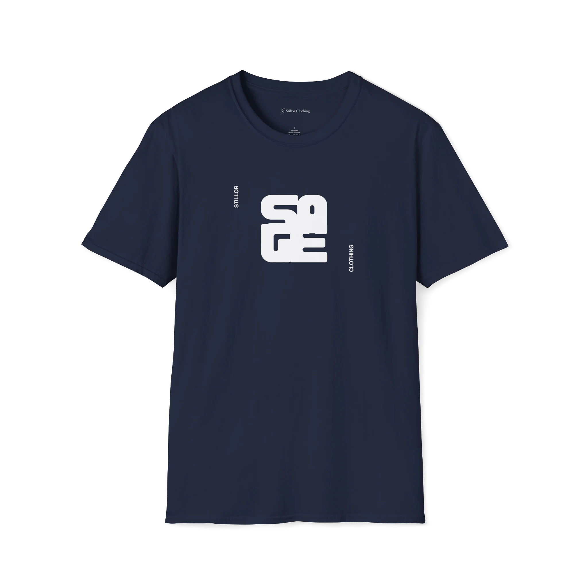 Navy Blue Sage T-Shirt, front view with bold white monogram graphic and vertical Stillor Clothing text.