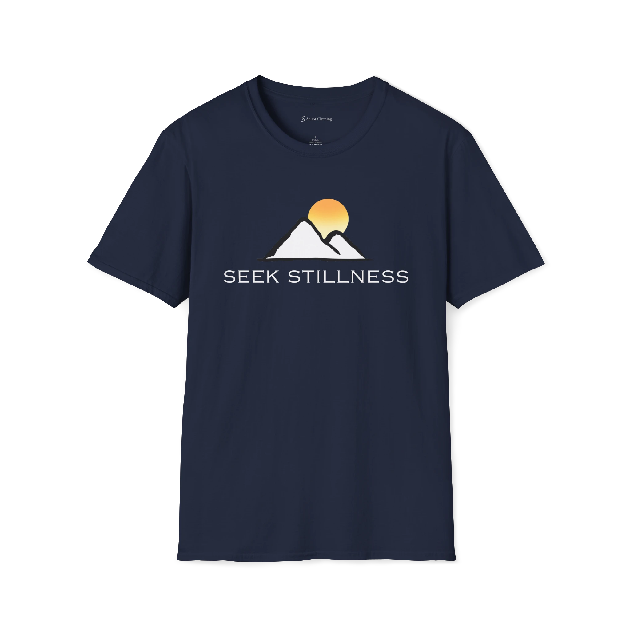 Navy Blue Seek Stillness t-shirt, front view with mountain line art and rising sun graphic.