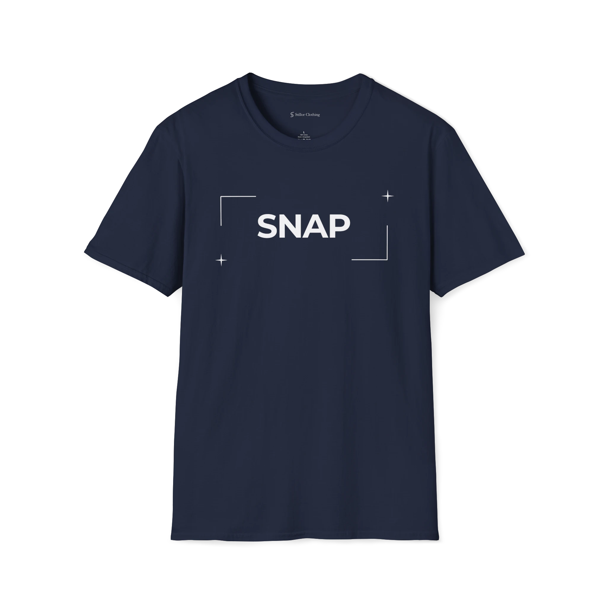 Navy Blue Snap t-shirt, front view with white SNAP text, camera focus corners, and small star accents