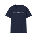Navy Blue Sophisticated t-shirt, front view with centered serif wordmark design