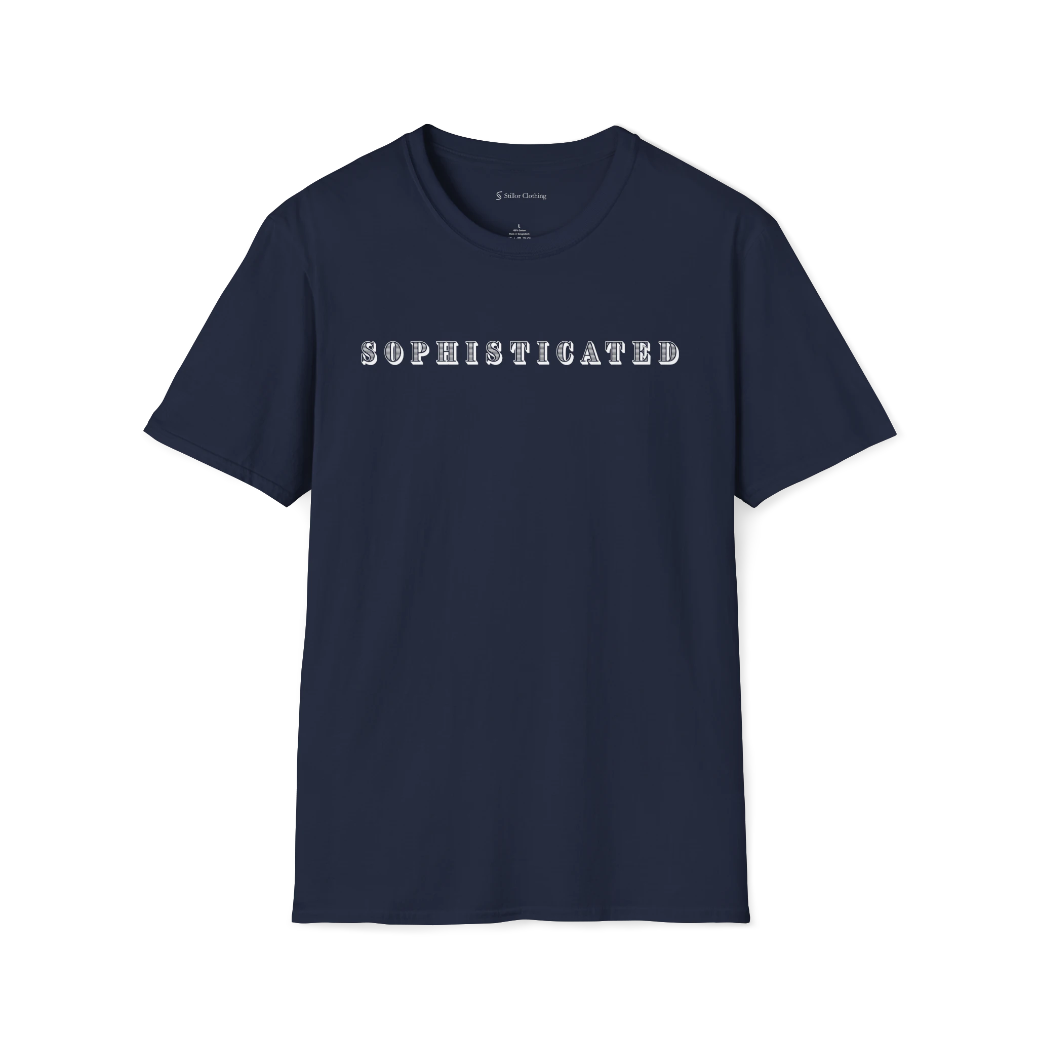 Navy Blue Sophisticated t-shirt, front view with centered serif wordmark design