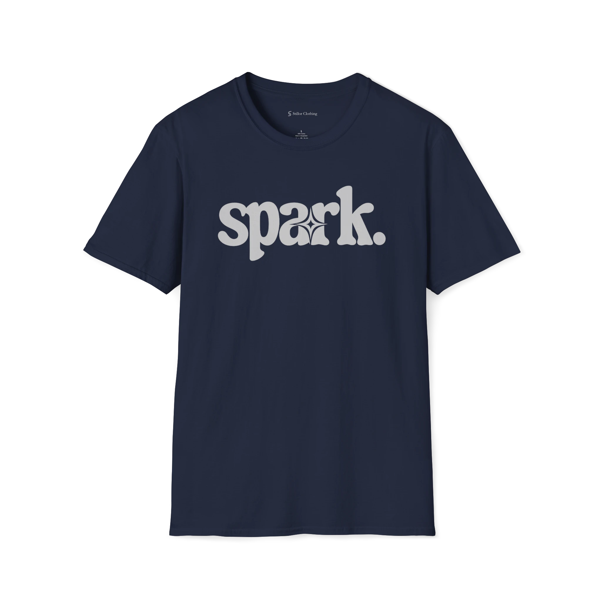 Navy Blue Spark T-Shirt, front view with bold white spark wordmark and star detail