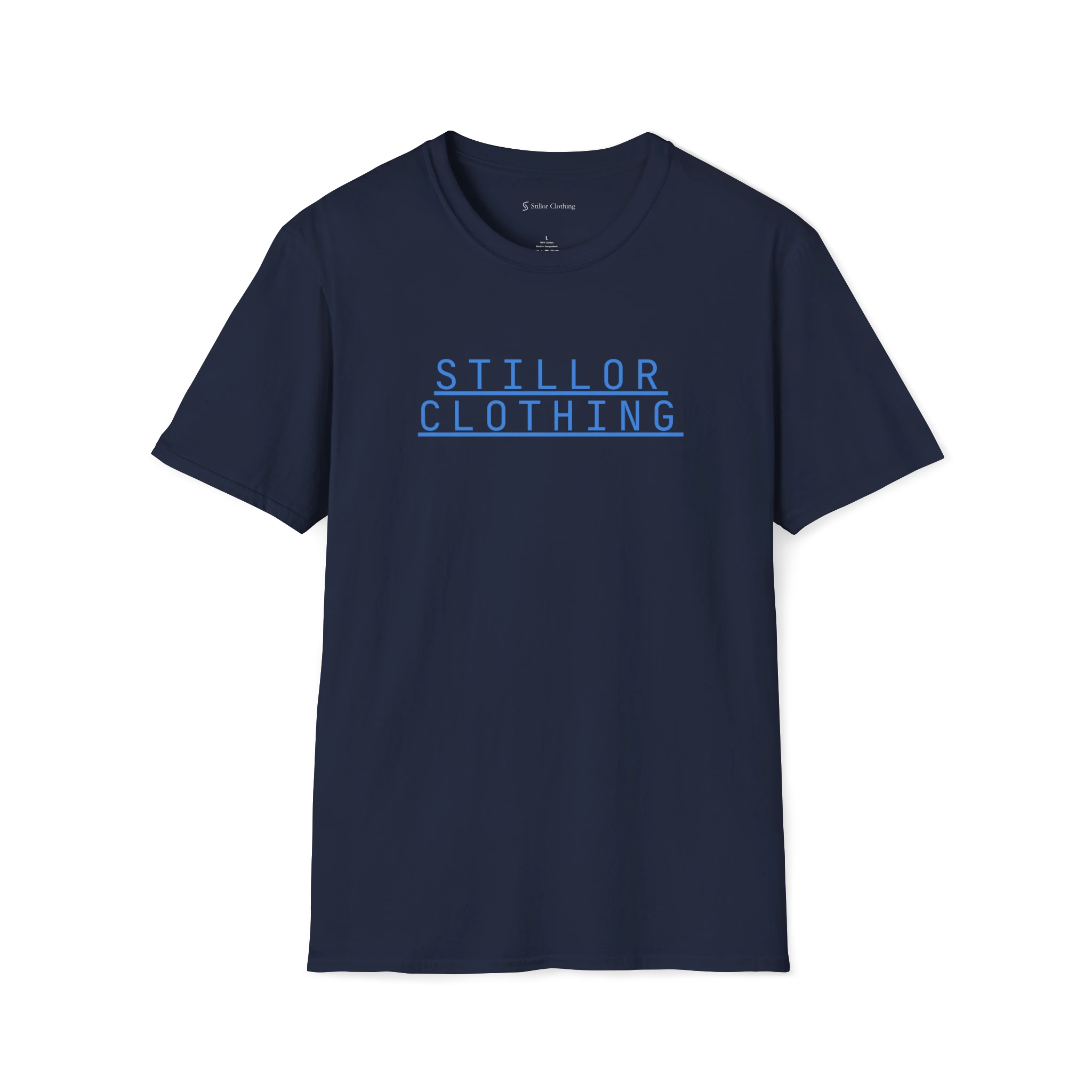 Navy Blue Stacked T-Shirt, front view with blue Stillor Clothing stacked wordmark print
