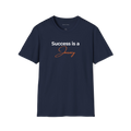 Navy Blue Success Is A Journey T-shirt, front view with white and orange typography design