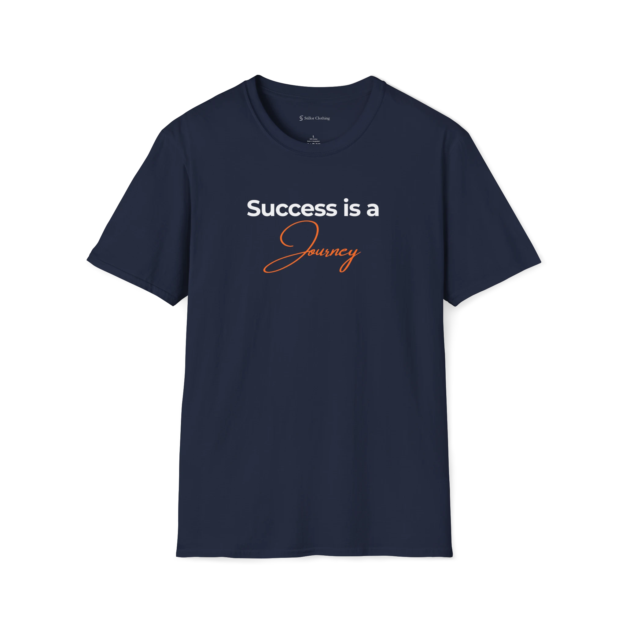Navy Blue Success Is A Journey T-shirt, front view with white and orange typography design