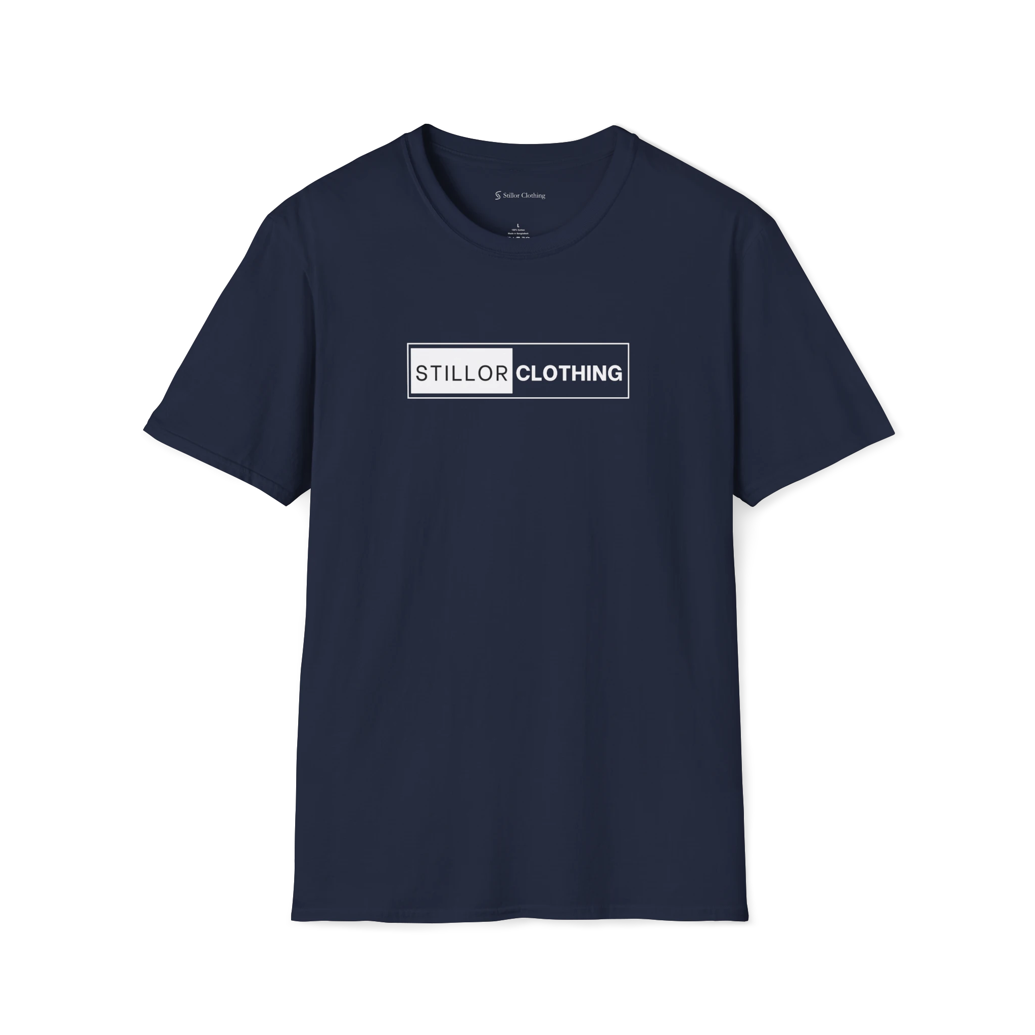 Navy Blue The Contrast t-shirt, front view with boxed Stillor Clothing logo print.