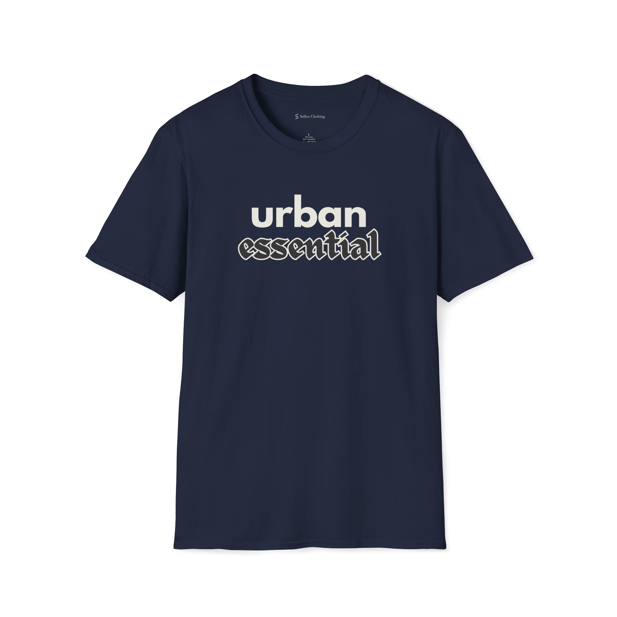 Navy Blue Urban Essential T-shirt, front view with bold urban text and outlined essential lettering