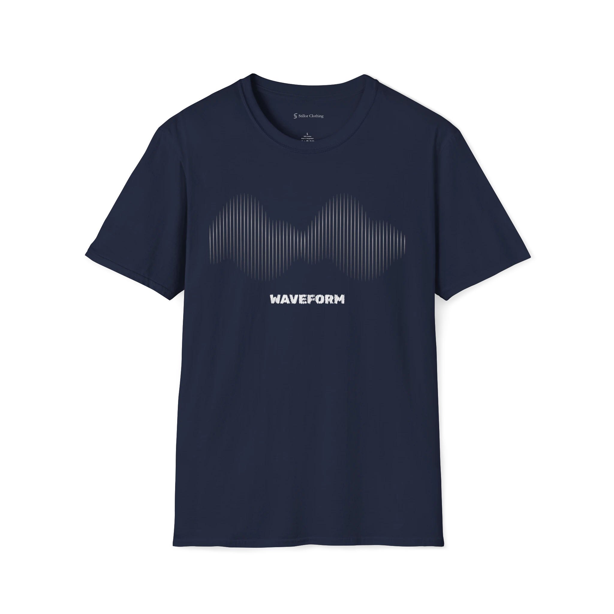 Navy Waveform T-Shirt, front view with sound wave line graphic