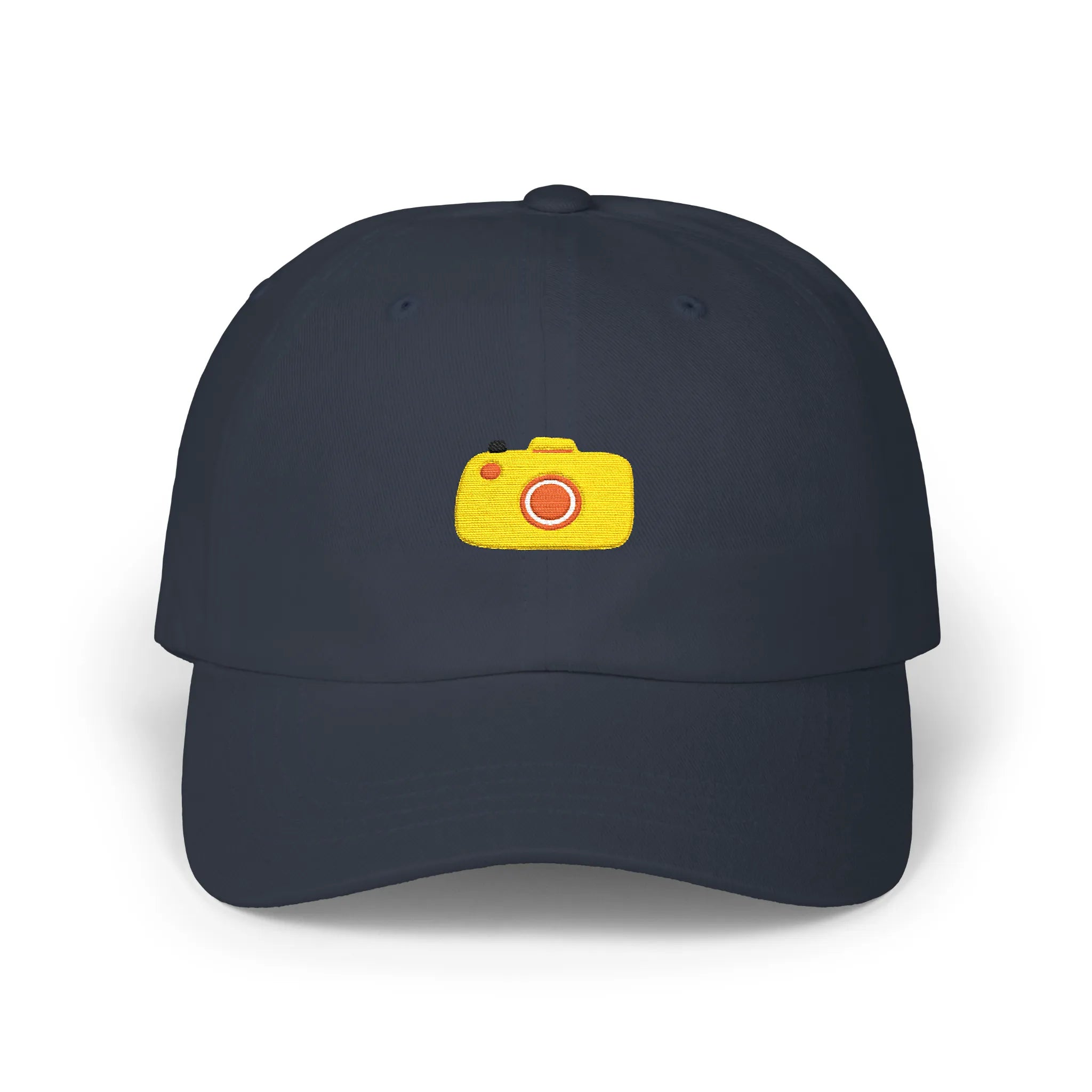 Navy capture baseball cap, front view with yellow camera embroidery and orange lens