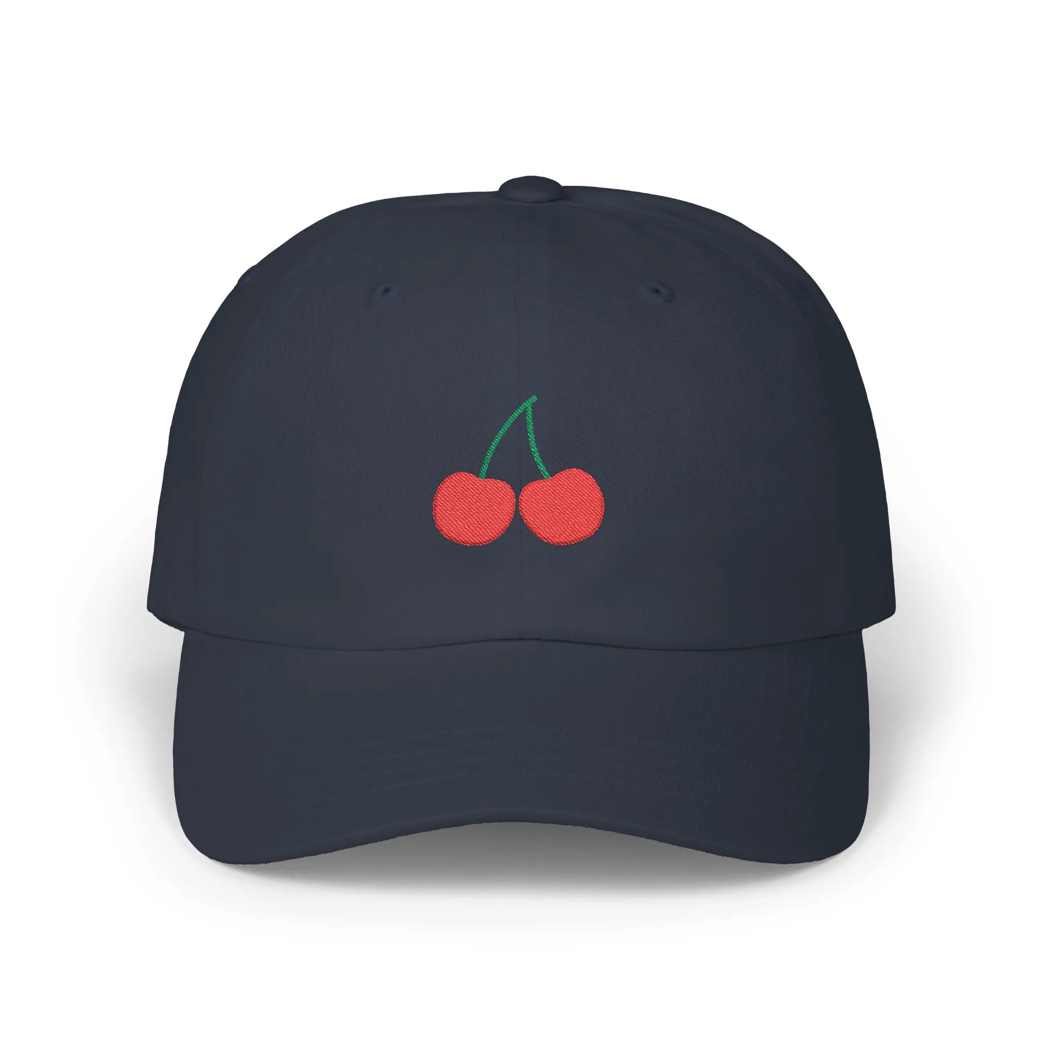 Navy cherry baseball cap, front view with two red cherry embroideries and green stems