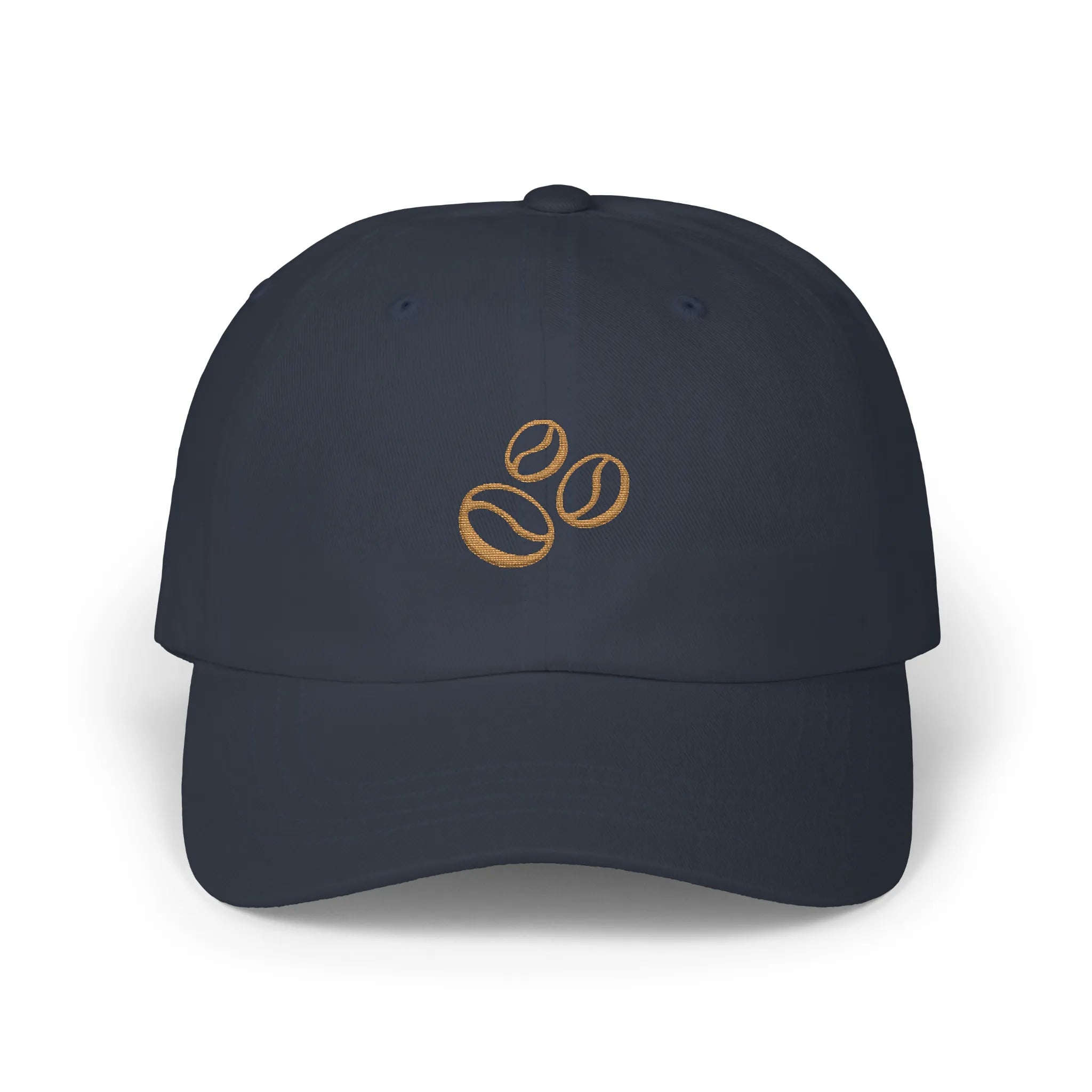 Navy coffee beans baseball cap, front view with three brown coffee bean embroideries