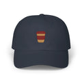 Navy coffee mug baseball cap, front view with brown takeaway cup embroidery