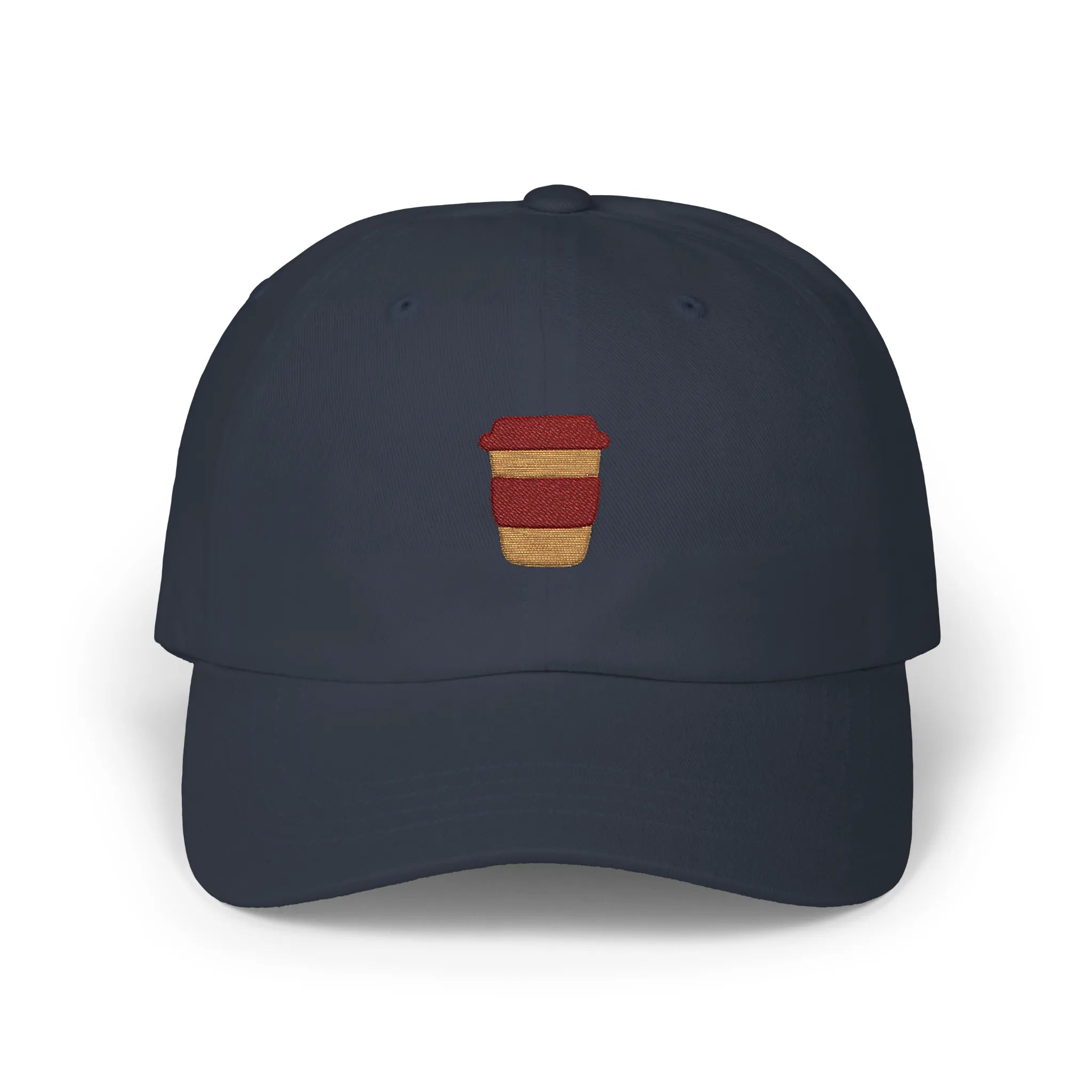 Navy coffee mug baseball cap, front view with brown takeaway cup embroidery