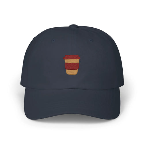 Navy coffee mug baseball cap, front view with brown takeaway cup embroidery