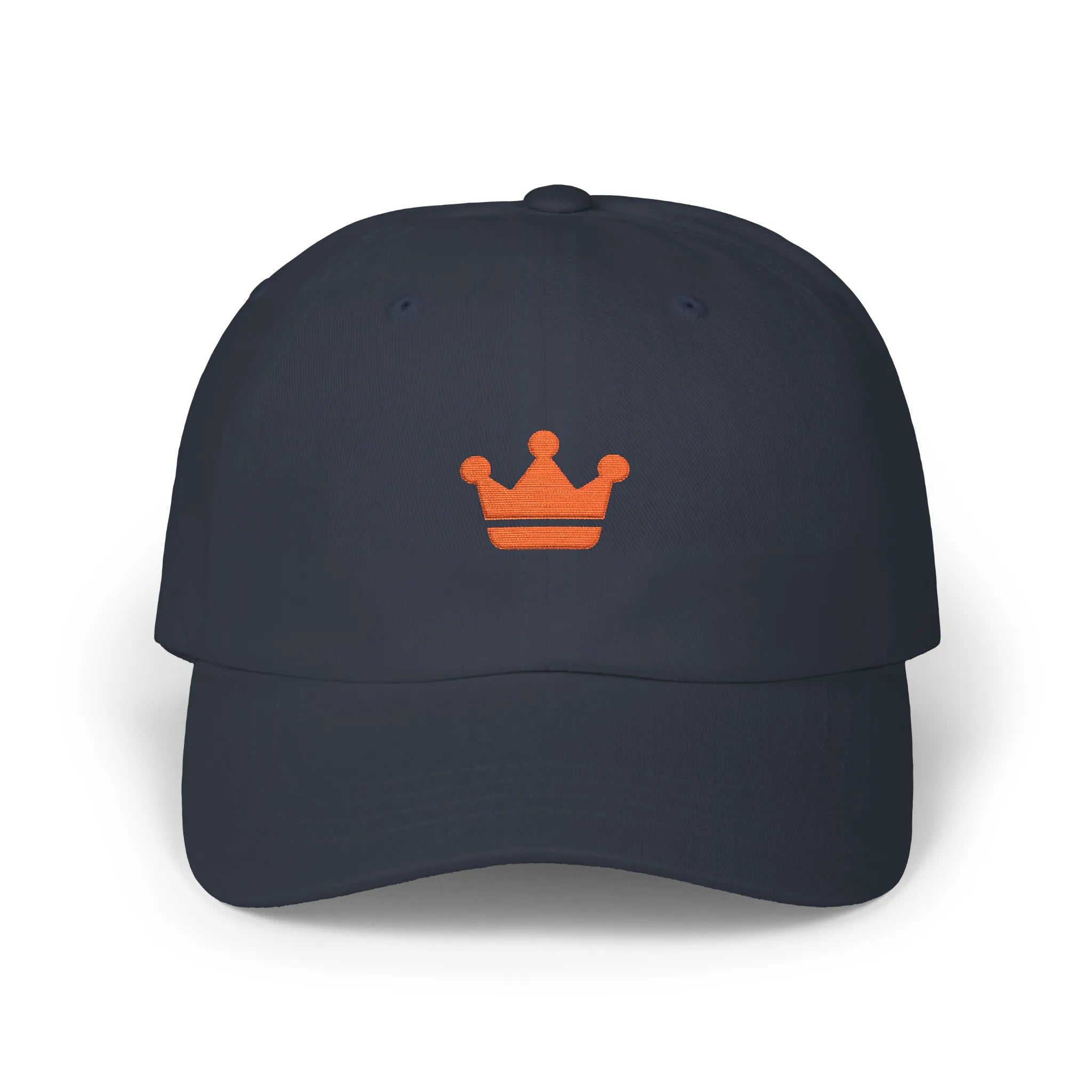 Navy crown baseball cap, front view with orange crown embroidery at center