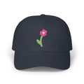 Navy cute flower baseball cap, front view with pink flower and green stem embroidery