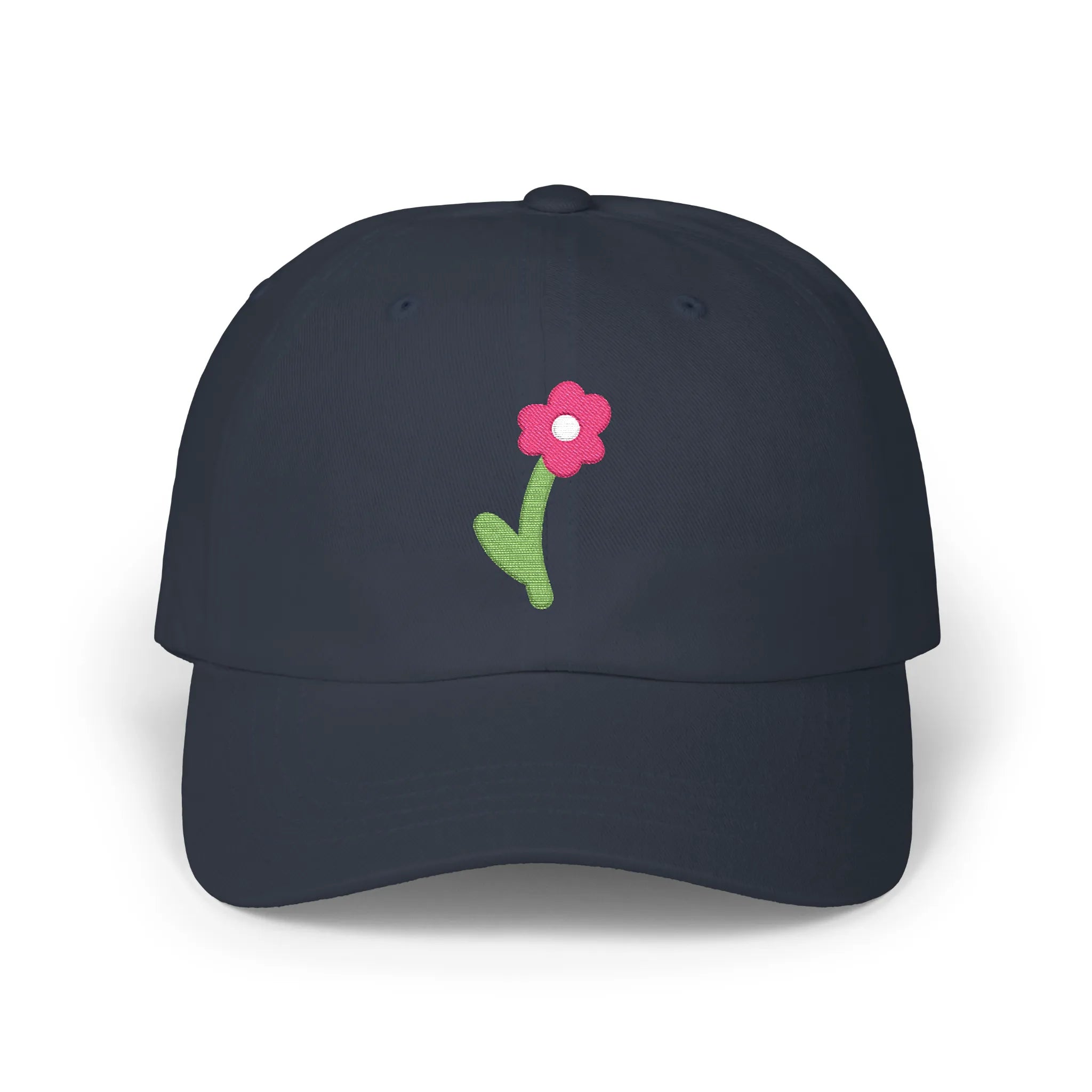 Navy cute flower baseball cap, front view with pink flower and green stem embroidery
