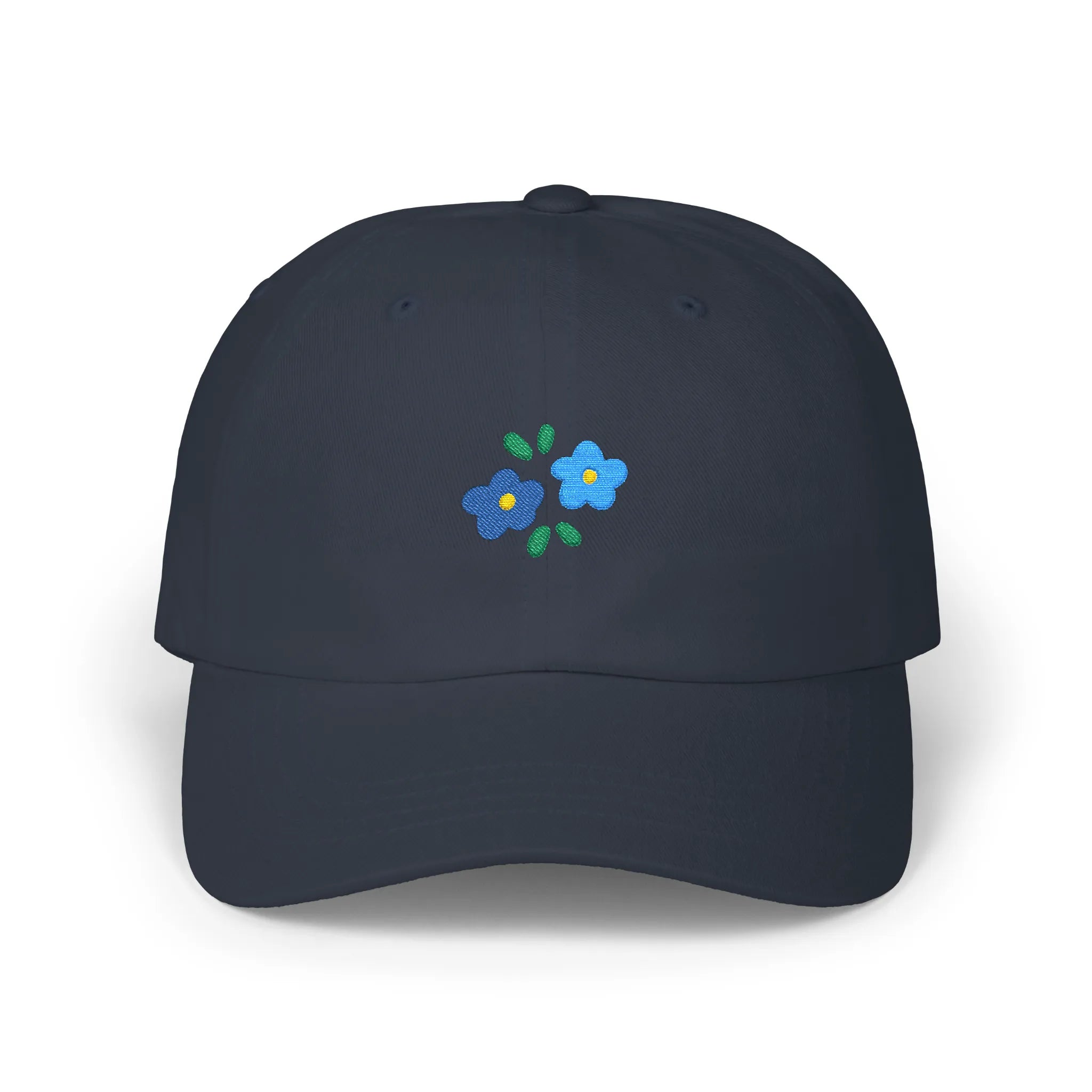 Navy flowers baseball cap, front view with two blue flower embroideries and green leaves