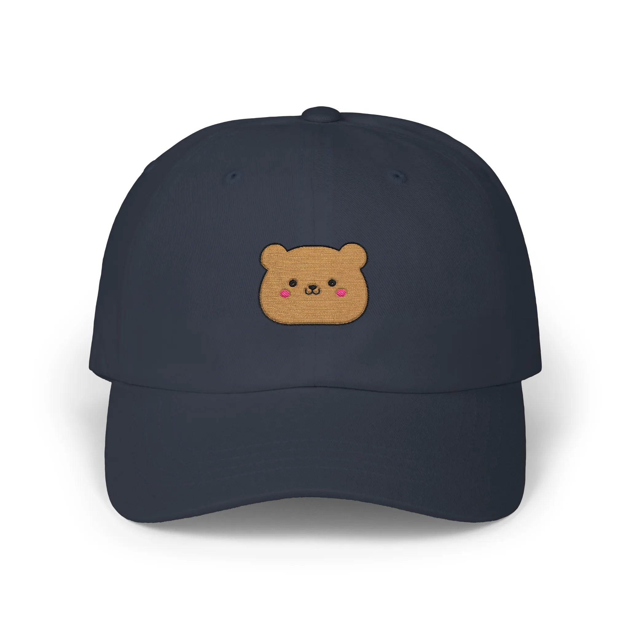 Navy happy teddy baseball cap, front view with brown teddy face embroidery and pink cheeks