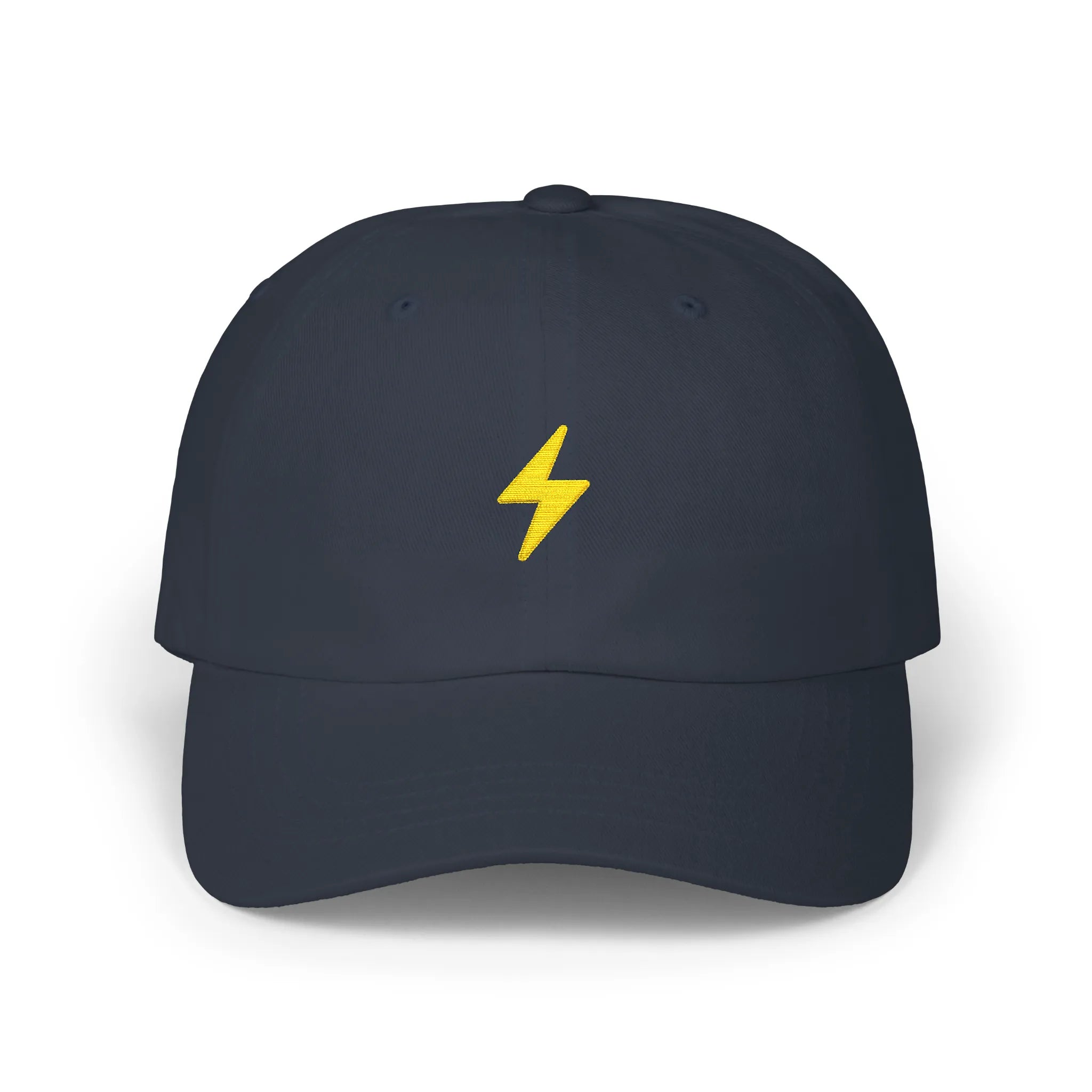Navy lightning bolt baseball cap, front view with yellow bolt embroidery at center