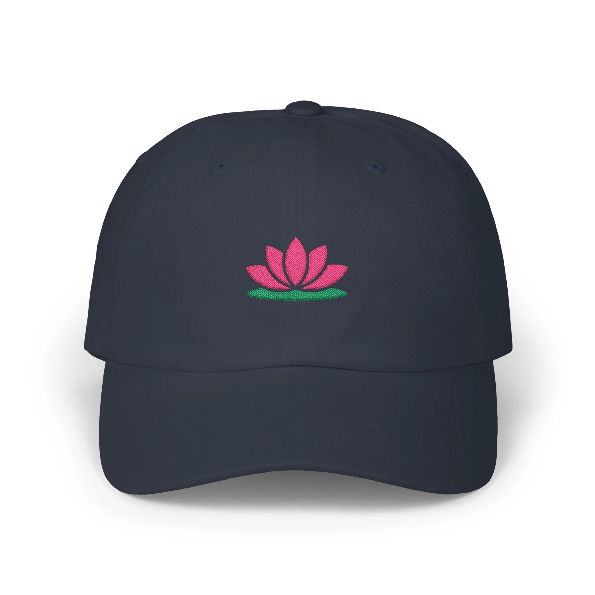 Navy lotus baseball cap, front view with pink lotus flower embroidery over green base