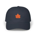 Navy maple leaf baseball cap, front view with orange maple leaf embroidery at center