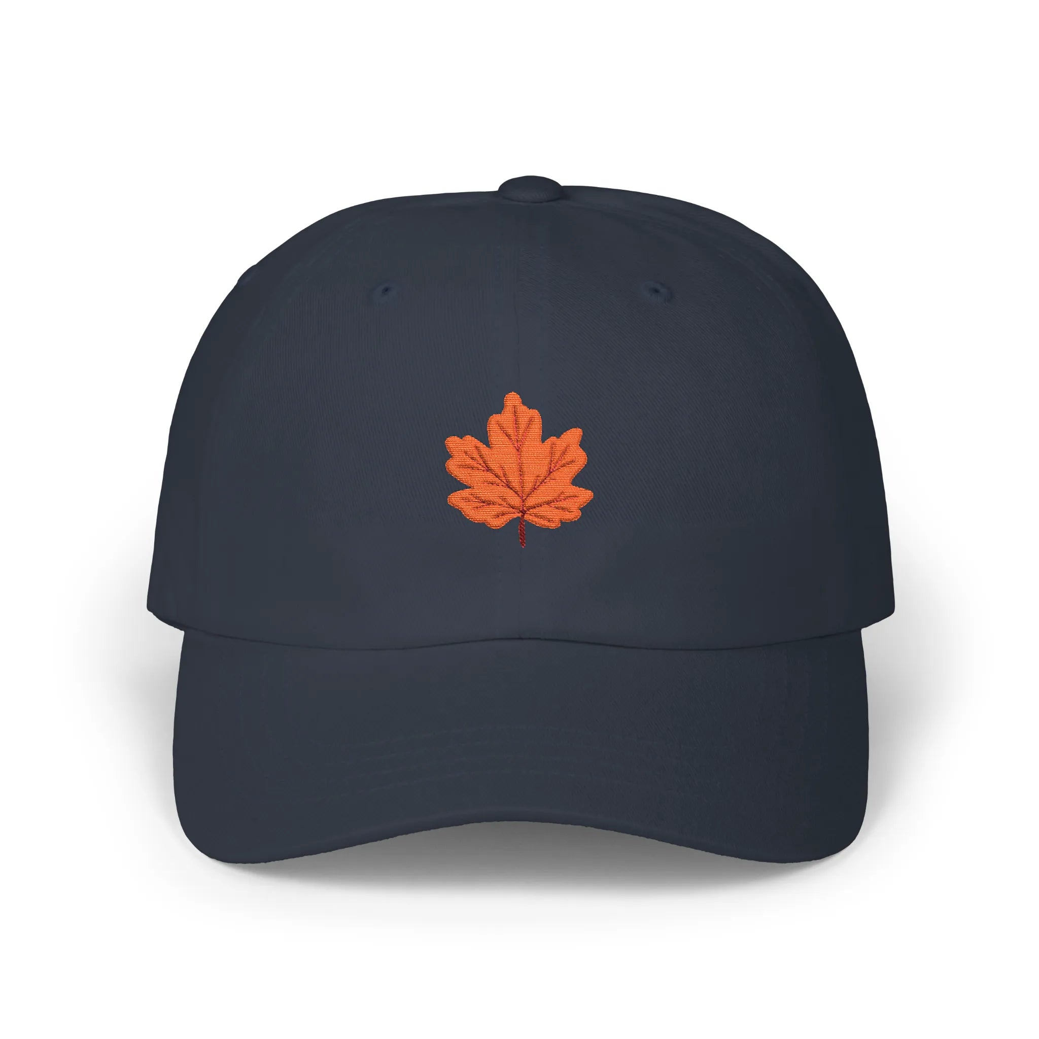 Navy maple leaf baseball cap, front view with orange maple leaf embroidery at center