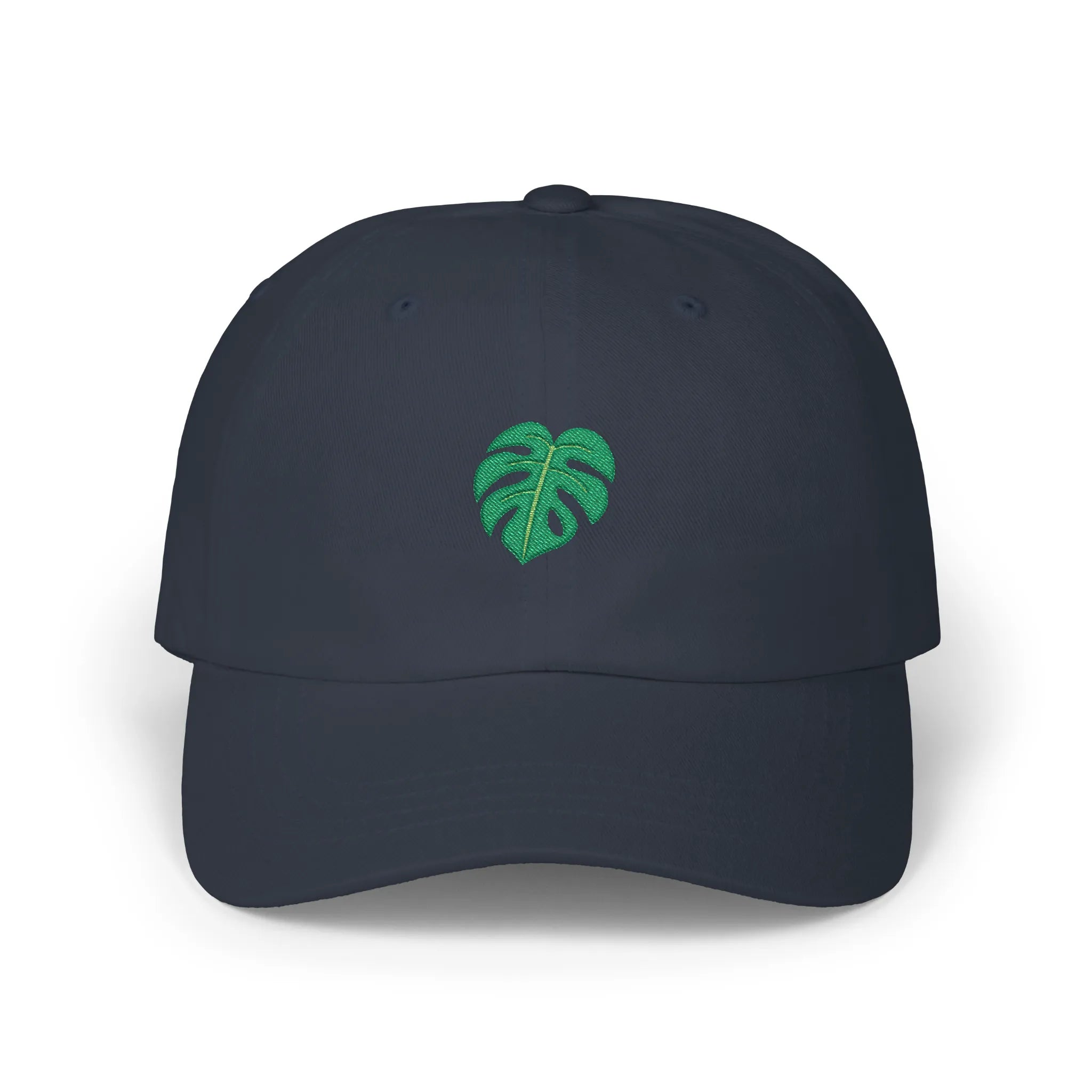 Navy monstera leaf baseball cap, front view with green monstera leaf embroidery