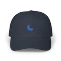 Navy moon baseball cap, front view with blue crescent moon embroidery at center