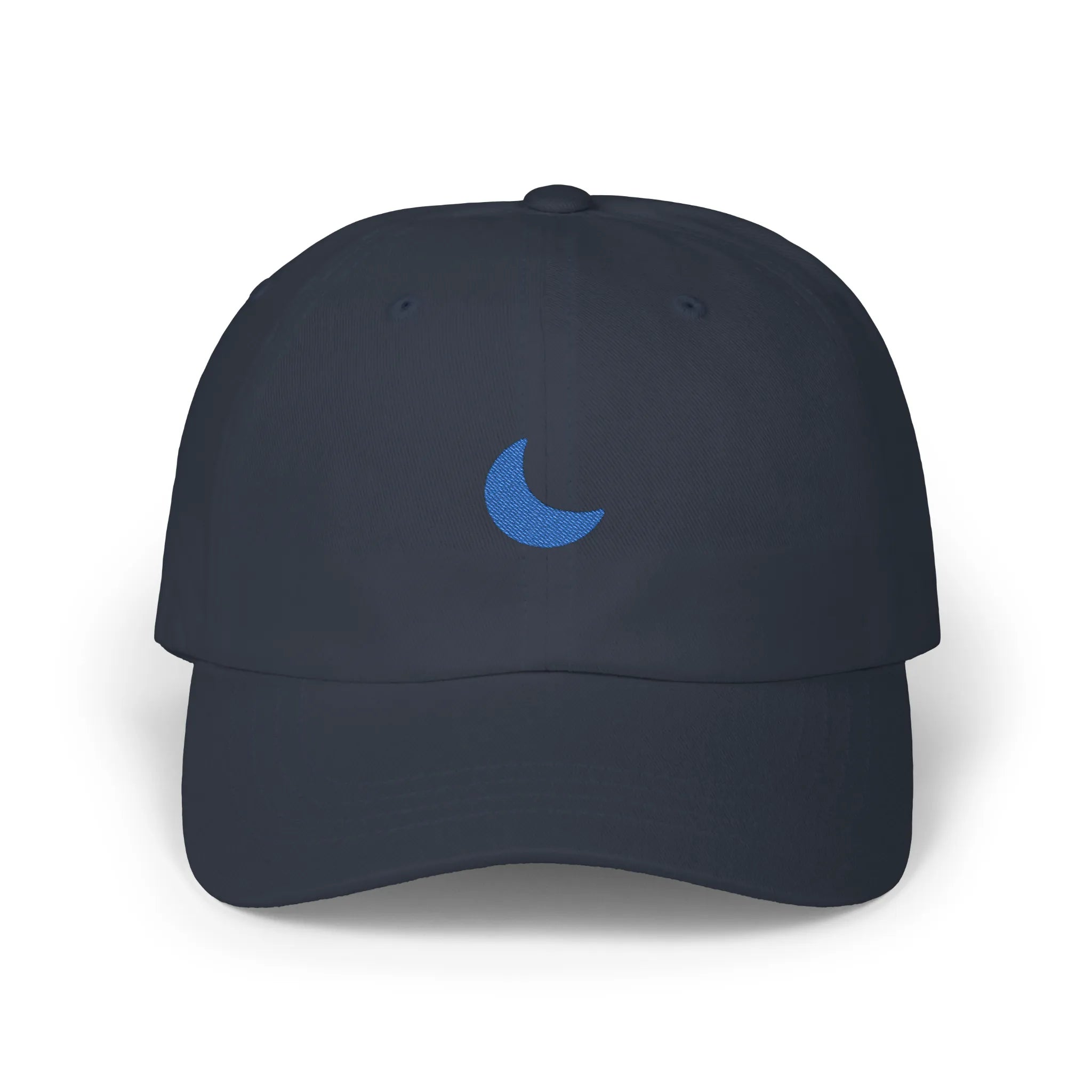 Navy moon baseball cap, front view with blue crescent moon embroidery at center
