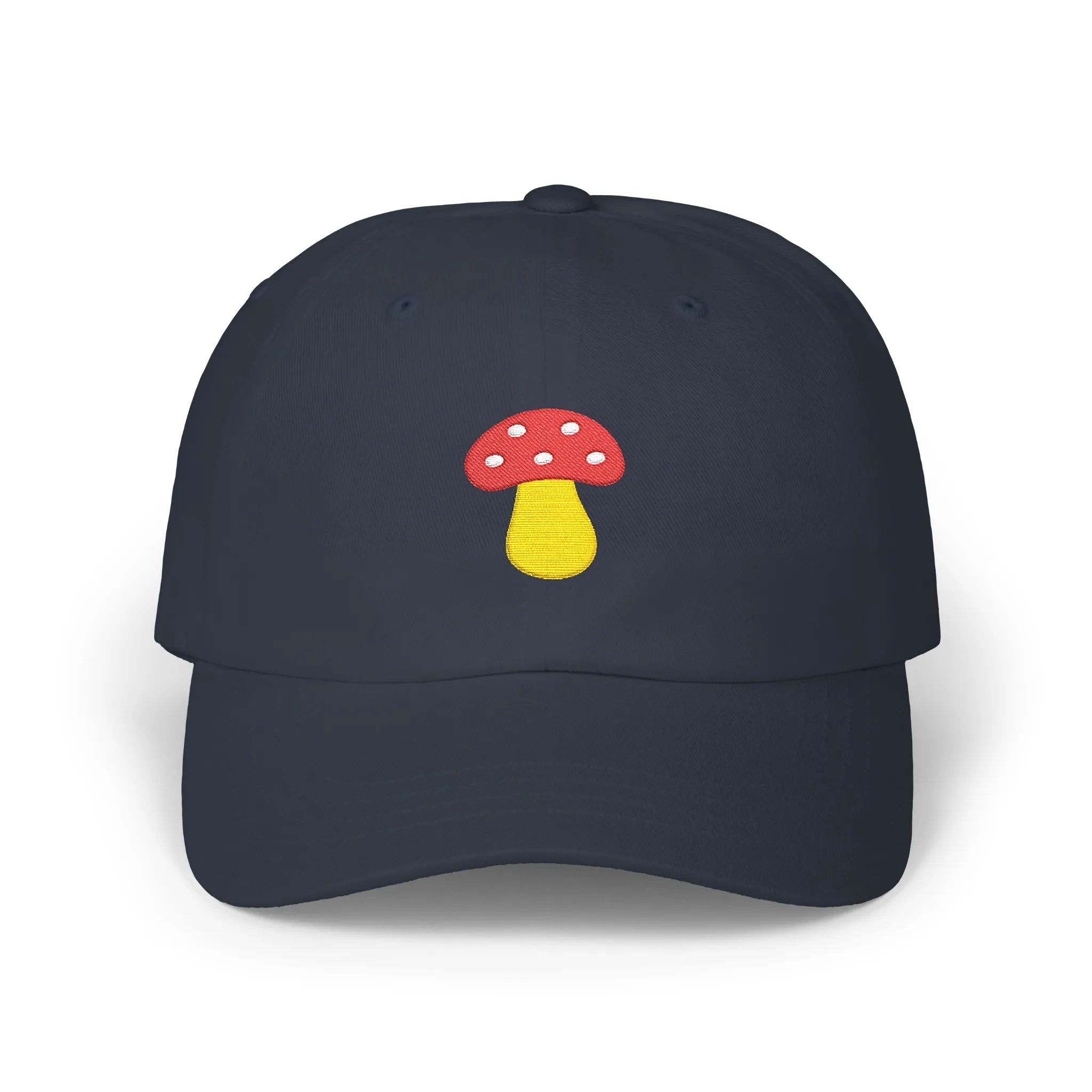 Navy mushroom baseball cap, front view with red and yellow mushroom embroidery