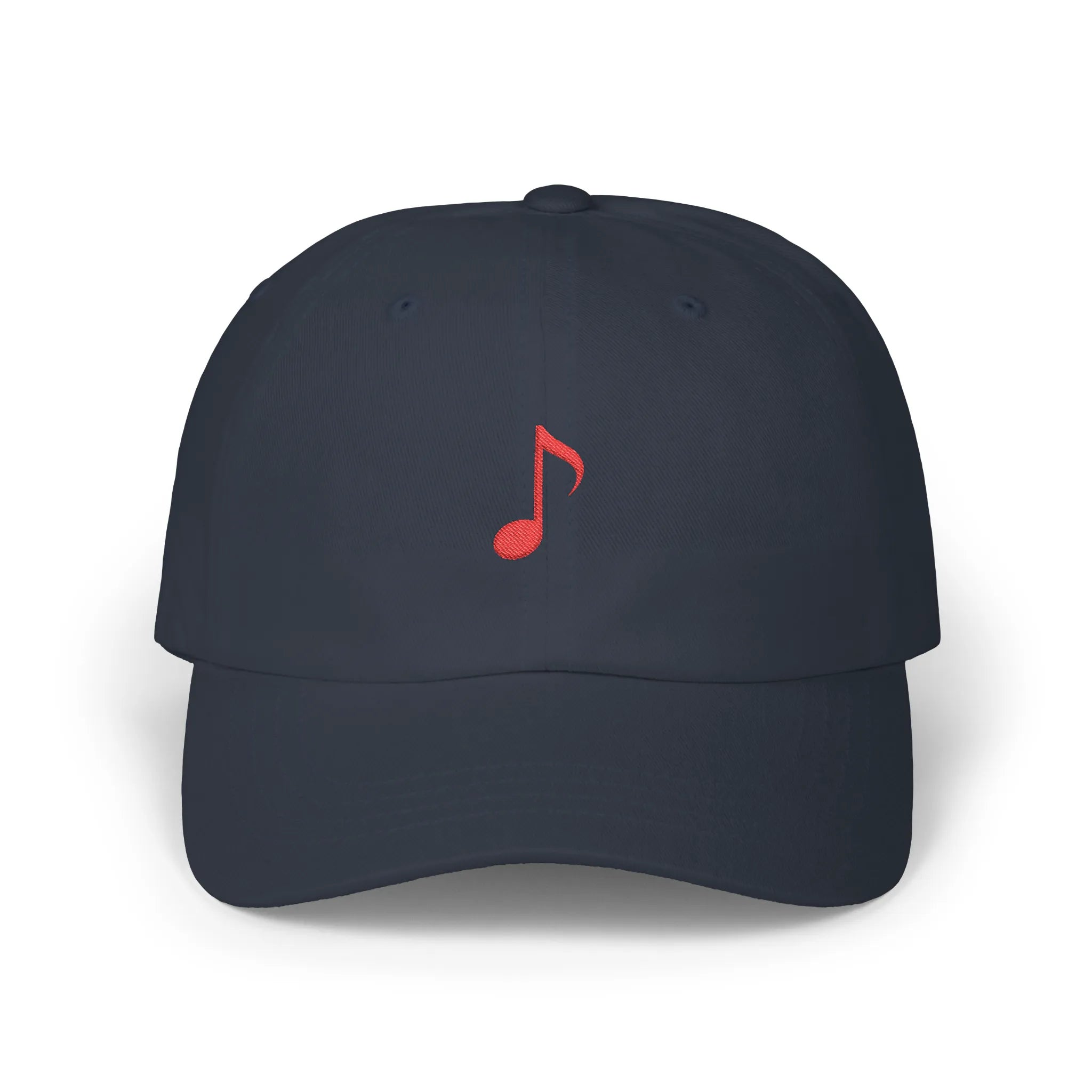 Navy music note baseball cap, front view with red music note embroidery at center