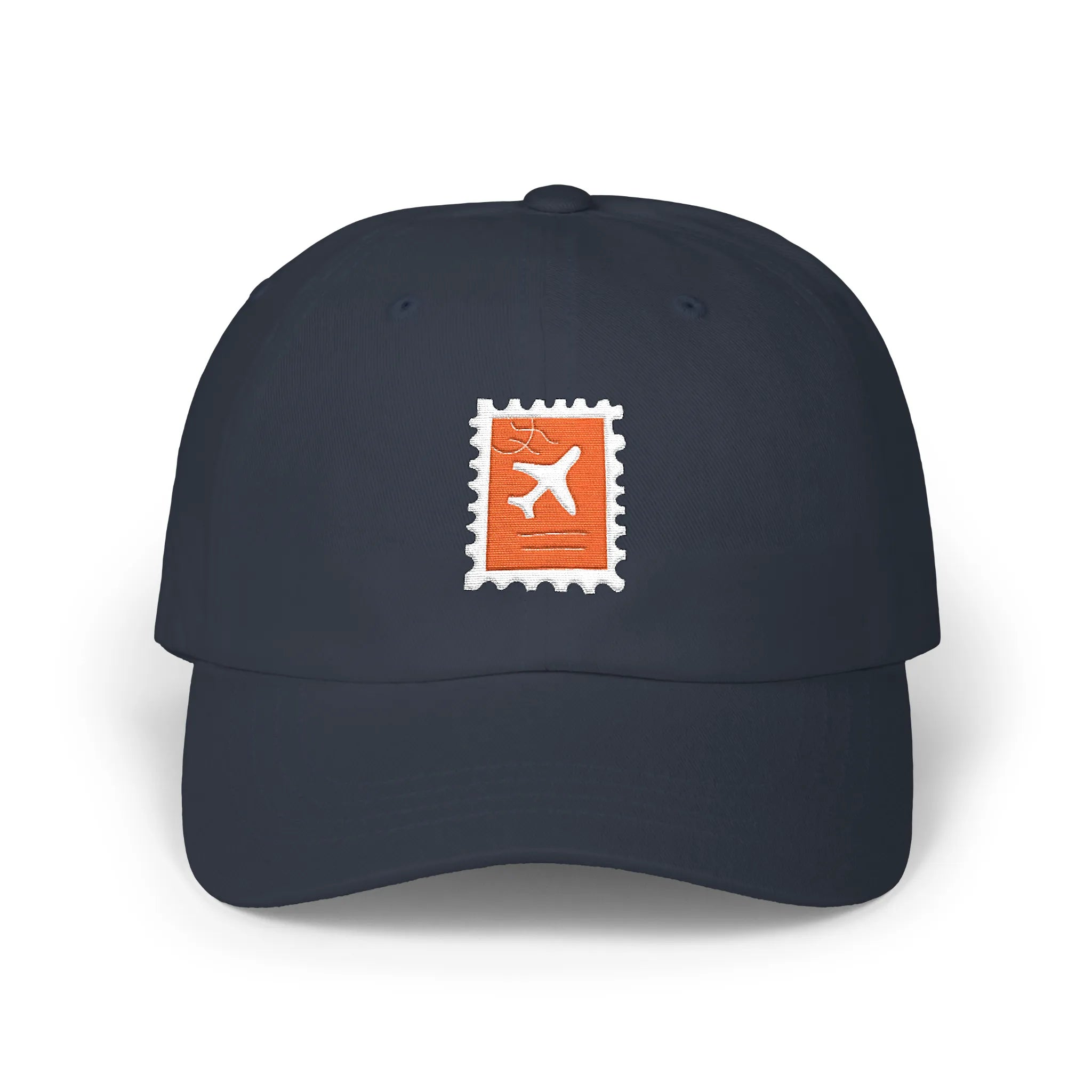 Navy plane ticket baseball cap, front view with orange stamp and airplane embroidery