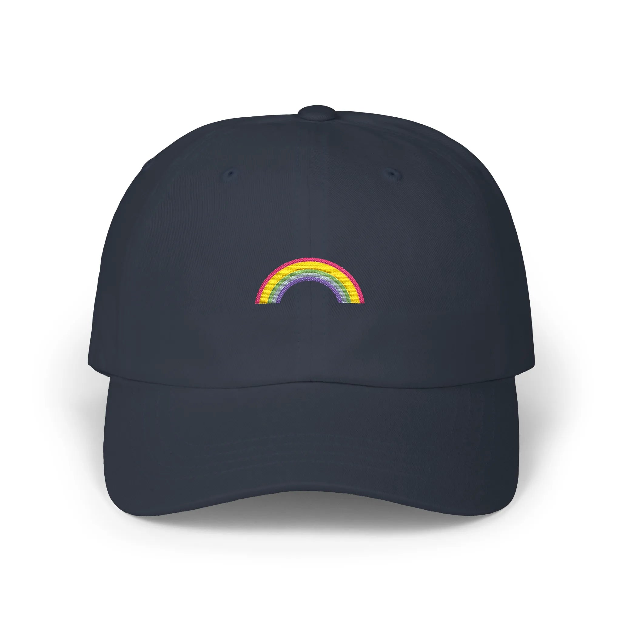 Navy rainbow baseball cap, front view with small multicolor rainbow embroidery