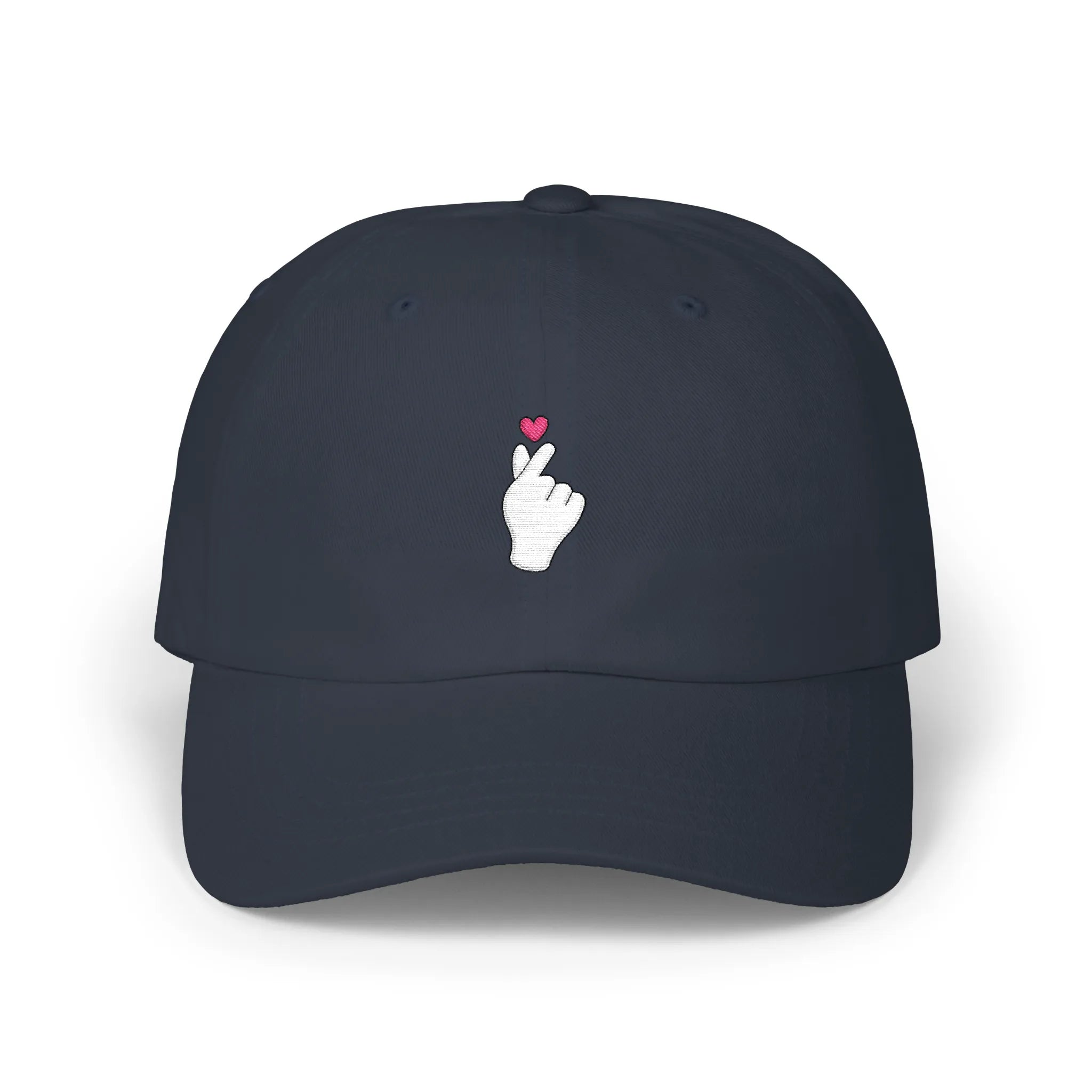 Navy Sarange baseball cap, front view with Korean finger heart embroidery and small pink heart