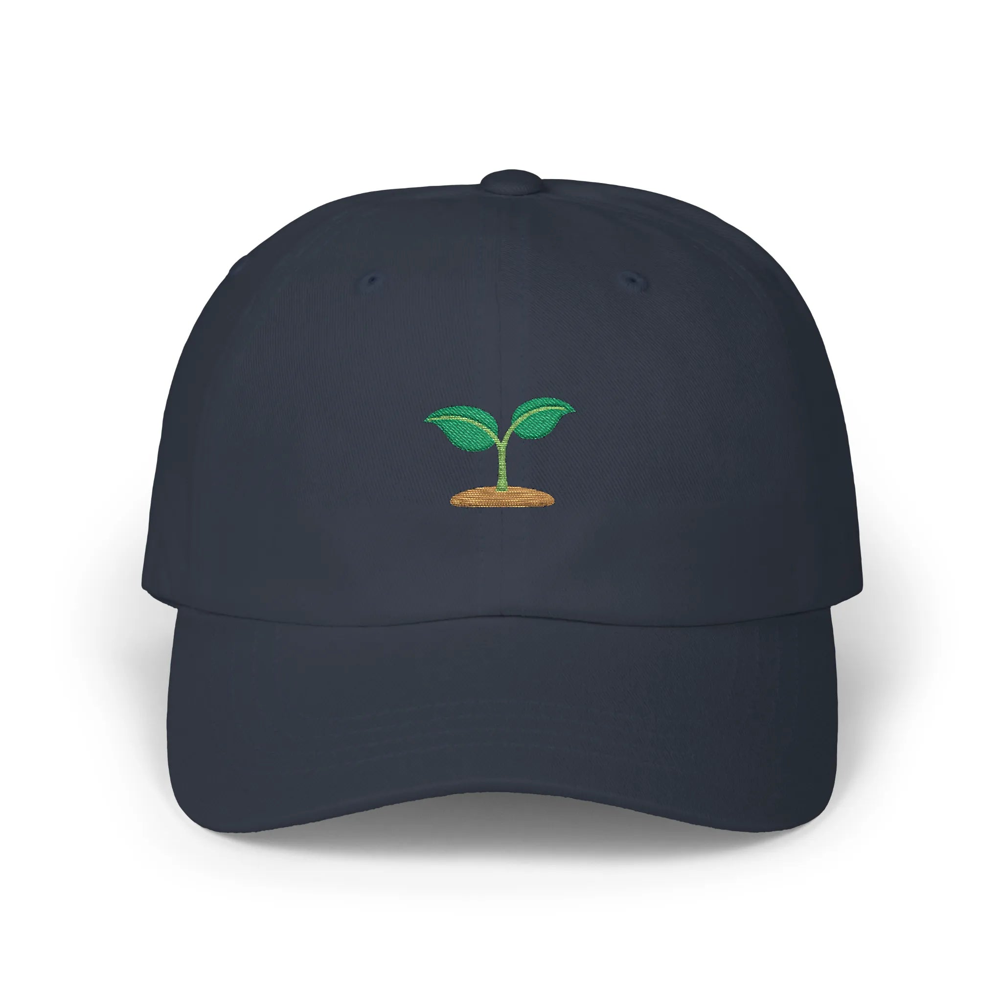 Navy seedling baseball cap, front view with small green sprout embroidery above brown soil