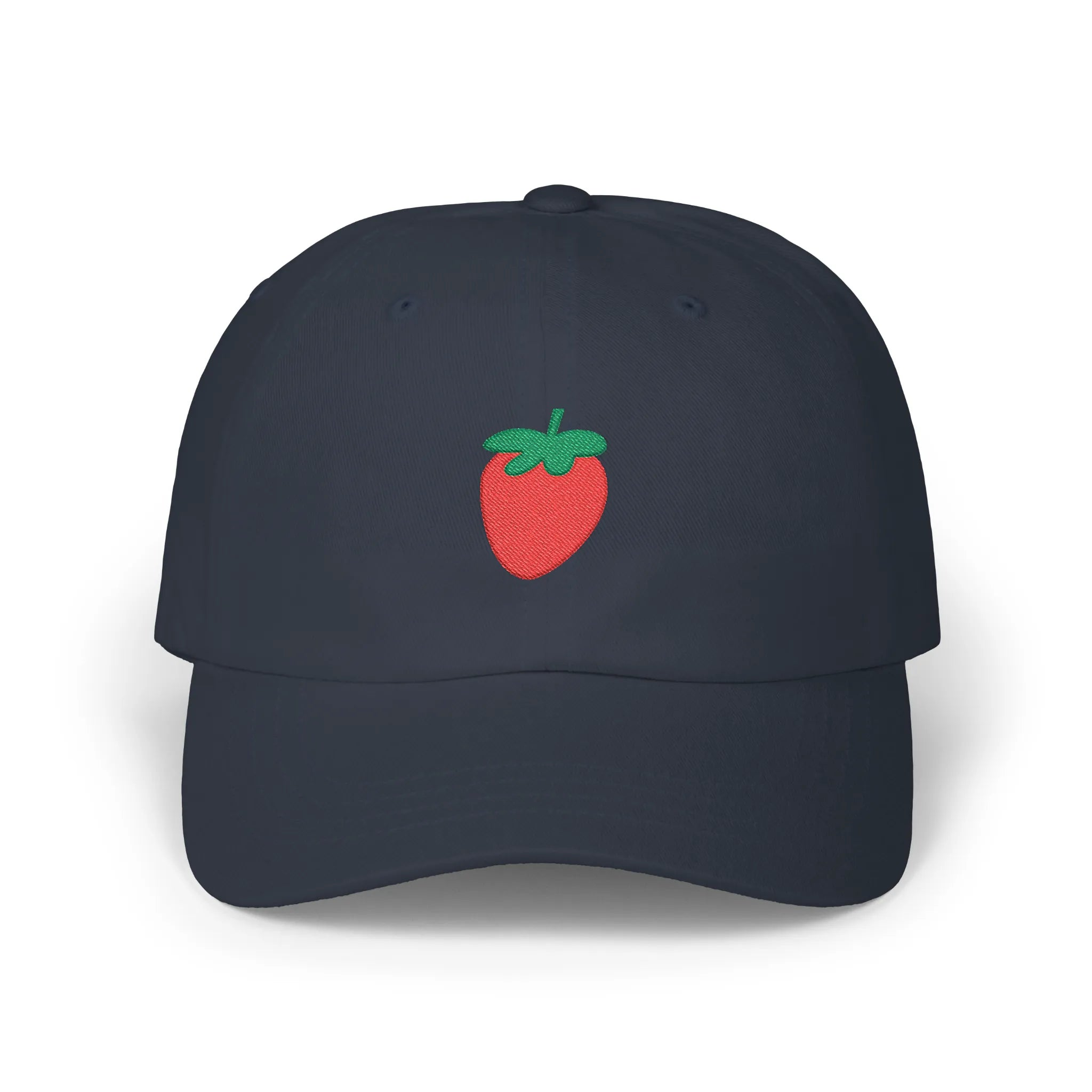 Navy strawberry baseball cap, front view with red strawberry and green leaf embroidery