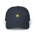 Navy sun baseball cap, front view with small yellow sun embroidery at center
