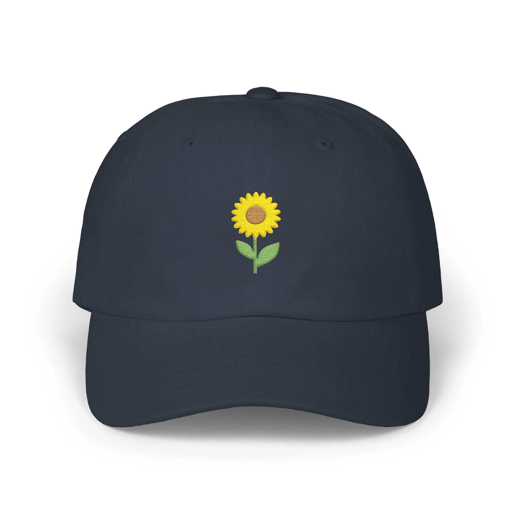 Navy sunflower baseball cap, front view with small yellow sunflower embroidery at center