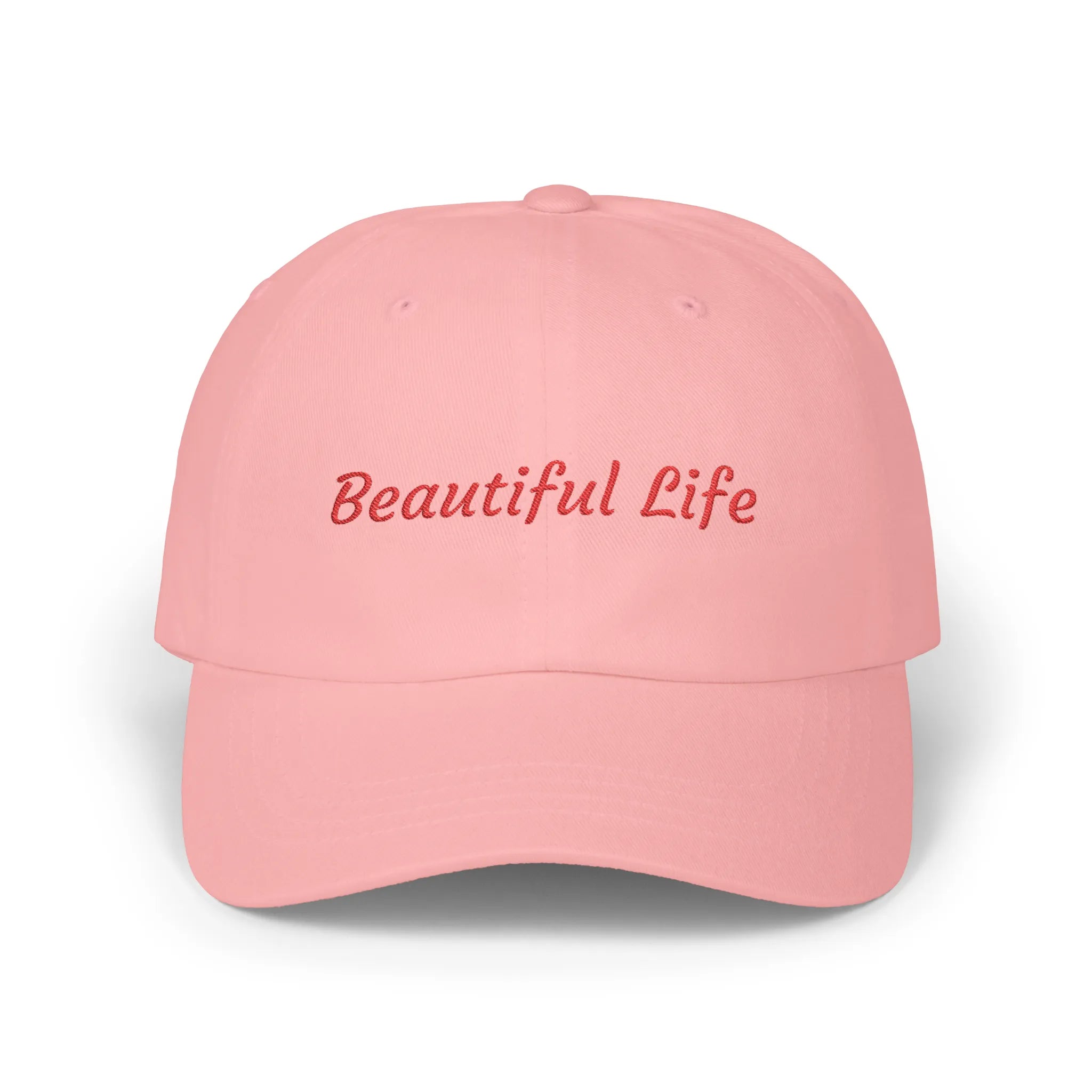 Pink Beautiful Life cap, front view with red embroidered Beautiful Life script